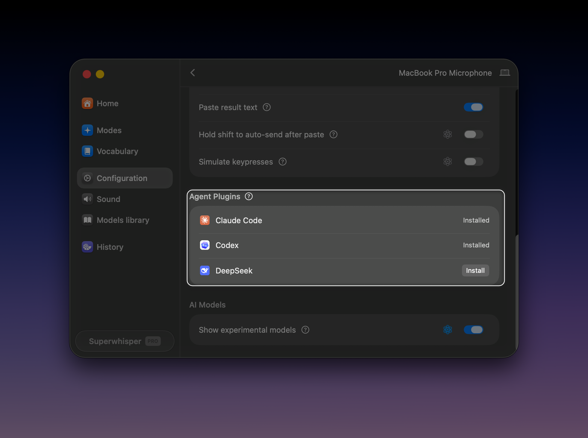 Superwhisper Configuration settings showing the Agent Plugins section with install buttons per agent