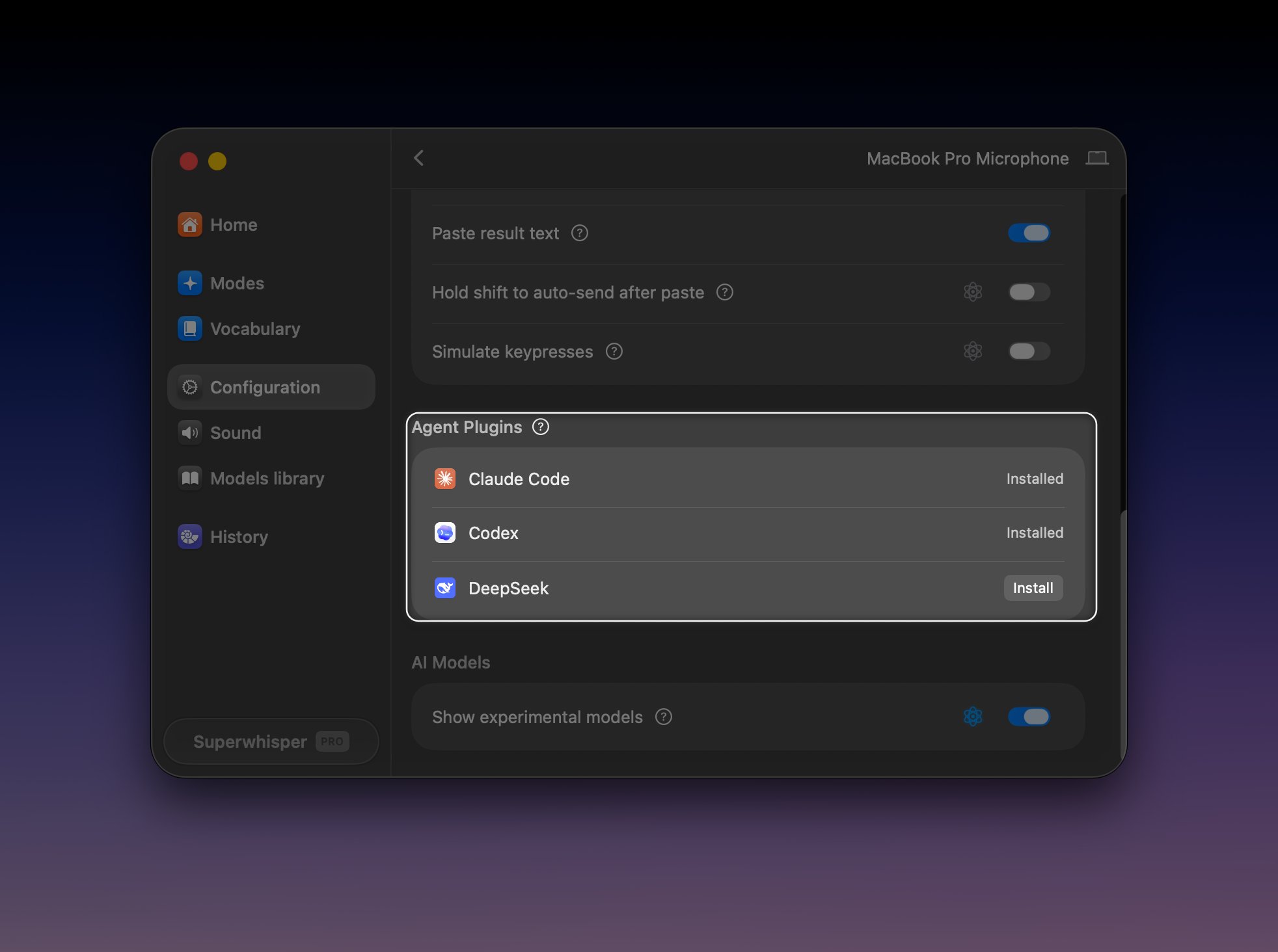 Superwhisper Configuration settings showing the Agent Plugins section with install buttons per agent
