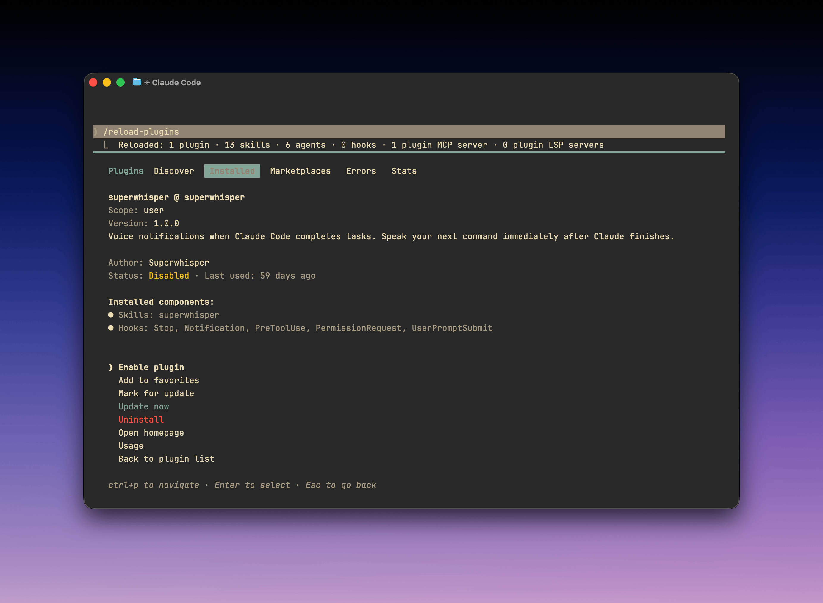 Claude Code plugin manager showing the superwhisper plugin with enable, update, and uninstall options