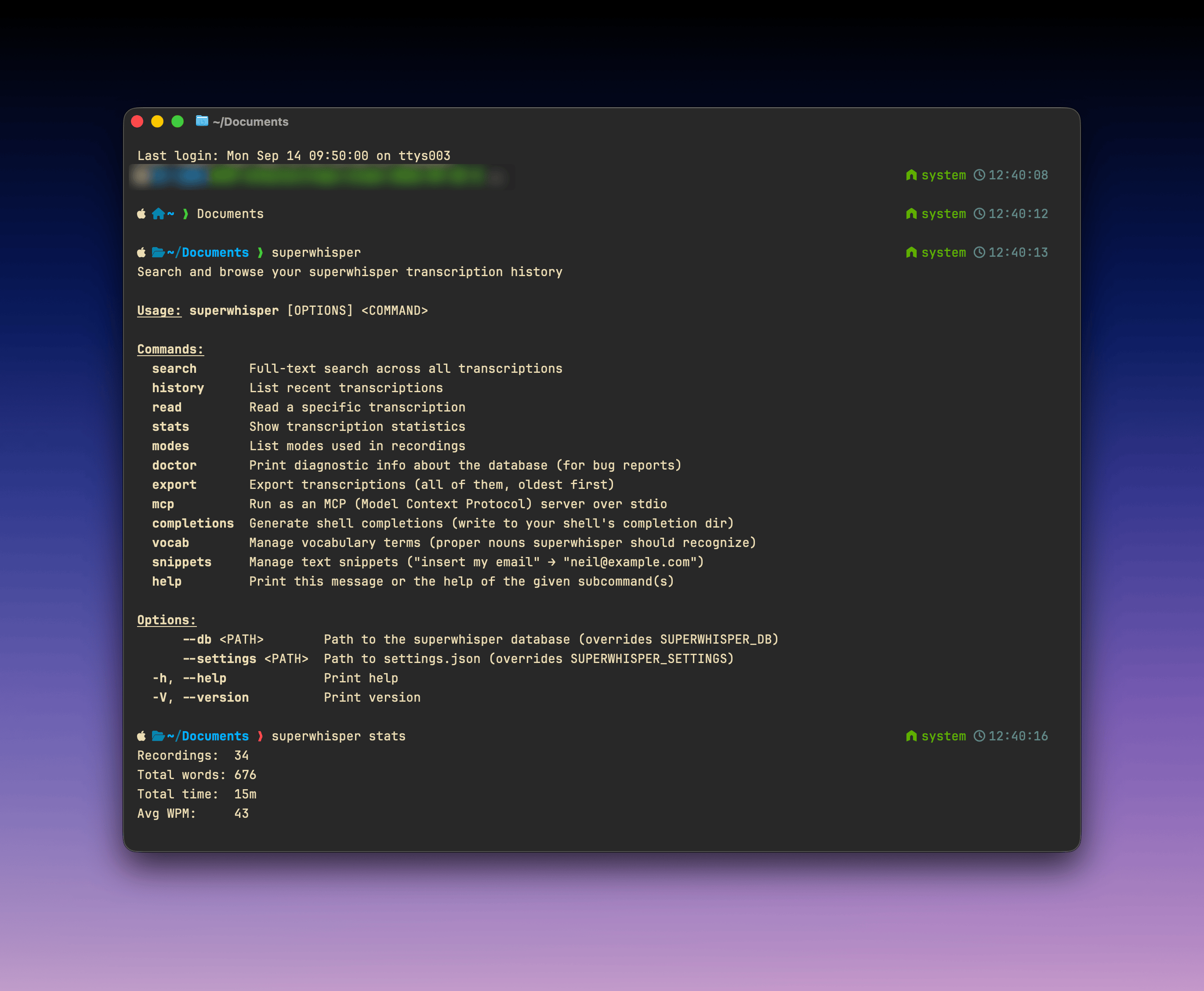 The superwhisper CLI showing its command list and the output of superwhisper stats