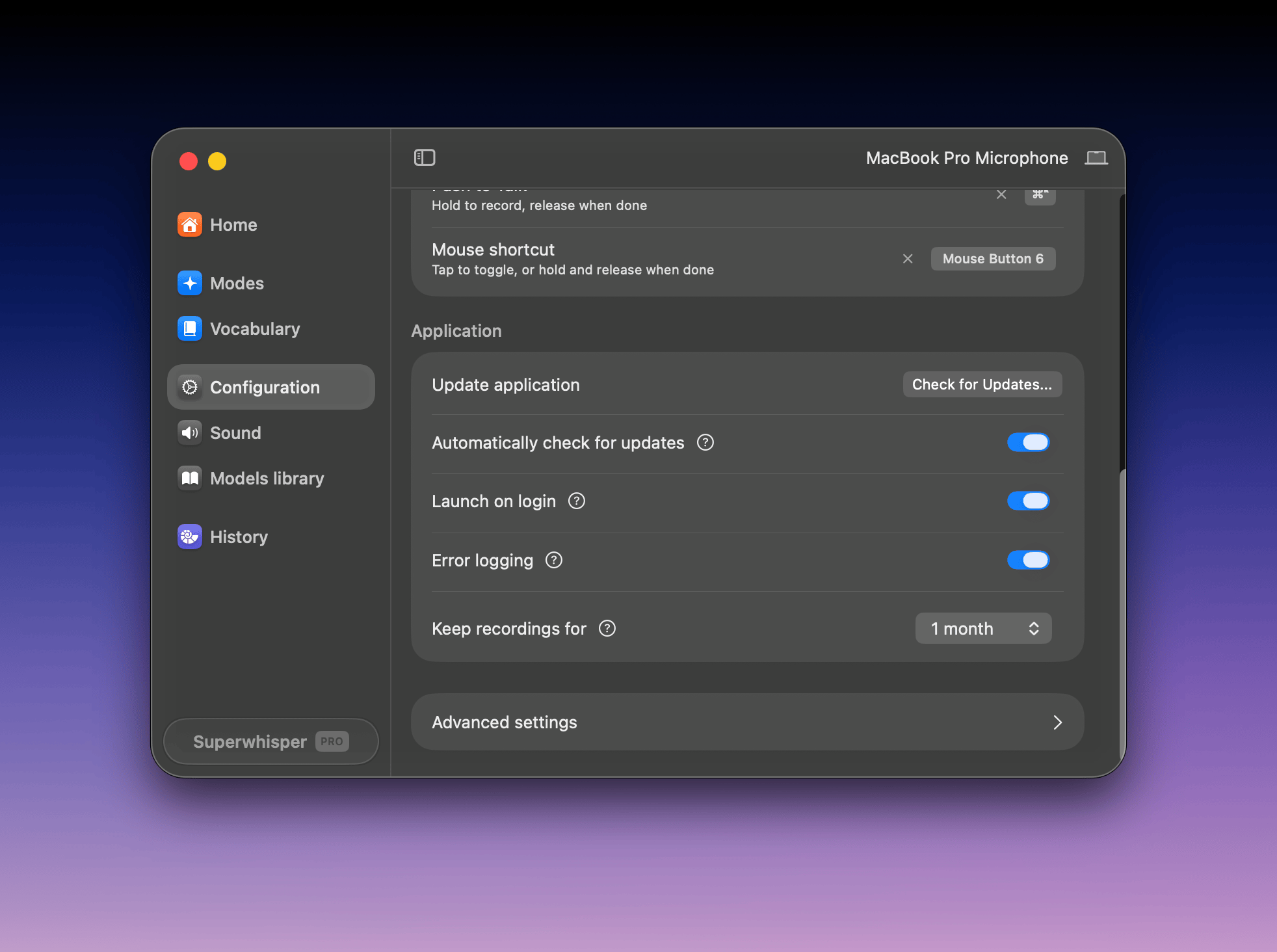 Superwhisper error logging toggle in Configuration