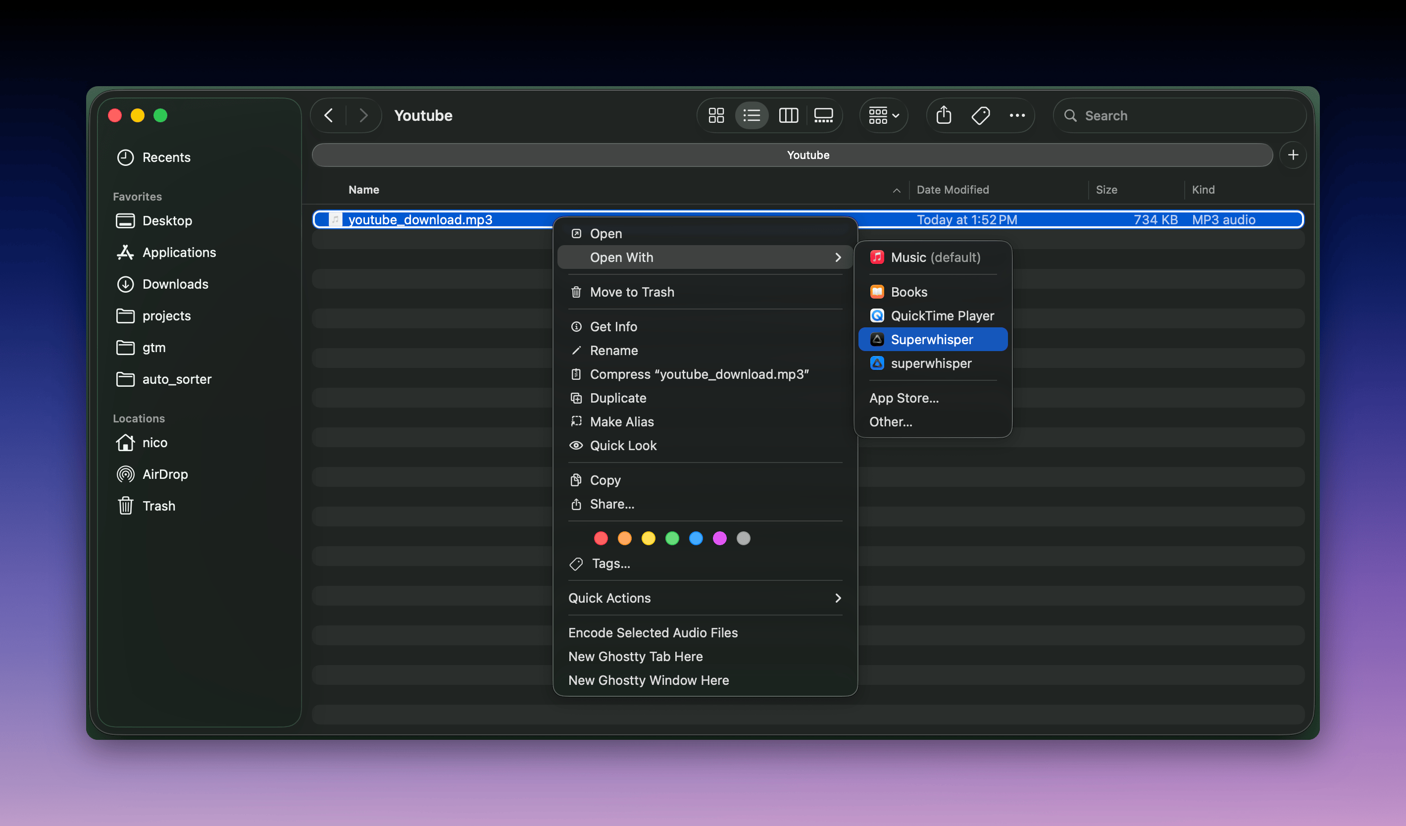 Transcribe Finder Files using Superwhisper
