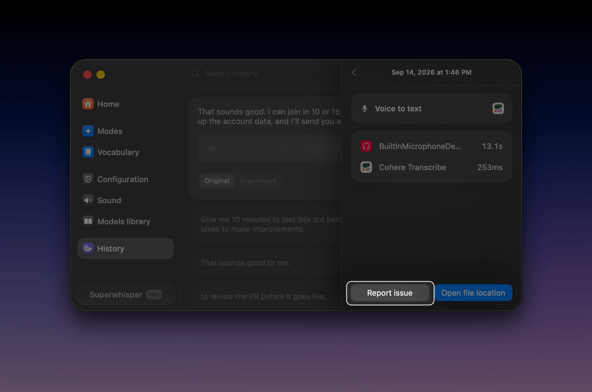Recording details sidebar in Superwhisper History with the Report issue button