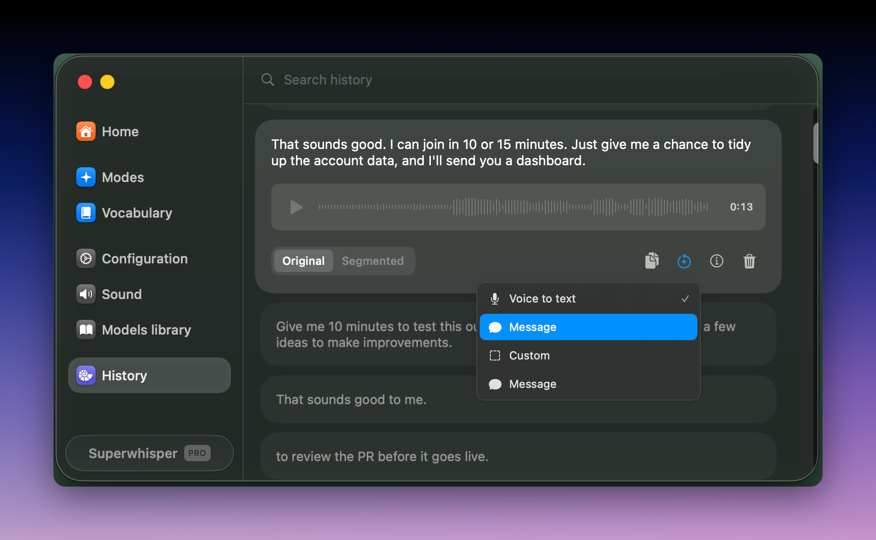 Reprocessing a dictation in Superwhisper History with the mode picker open
