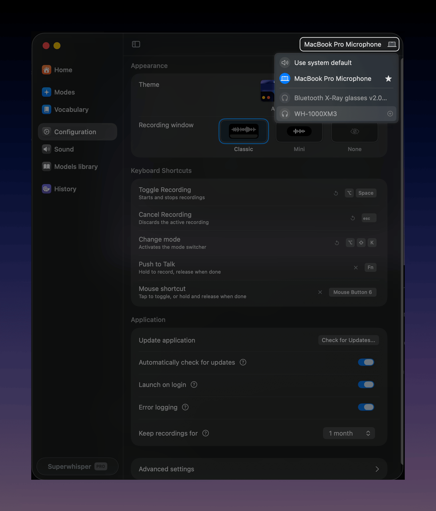 Superwhisper input device selector open from the top-right of the settings window