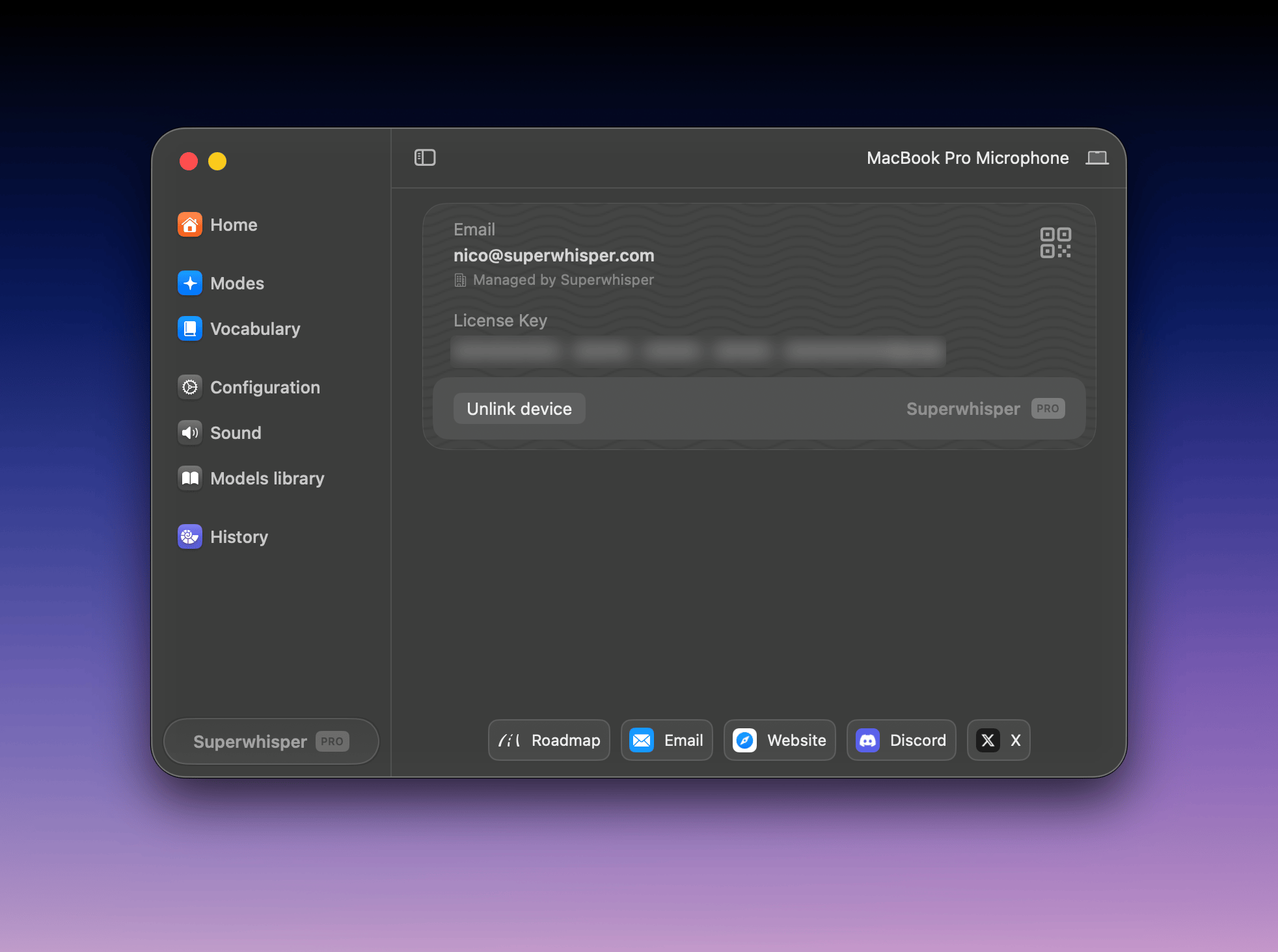 Superwhisper license panel showing an activated Pro license