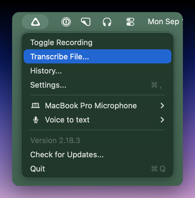 Transcribe with Superwhisper Menu Bar