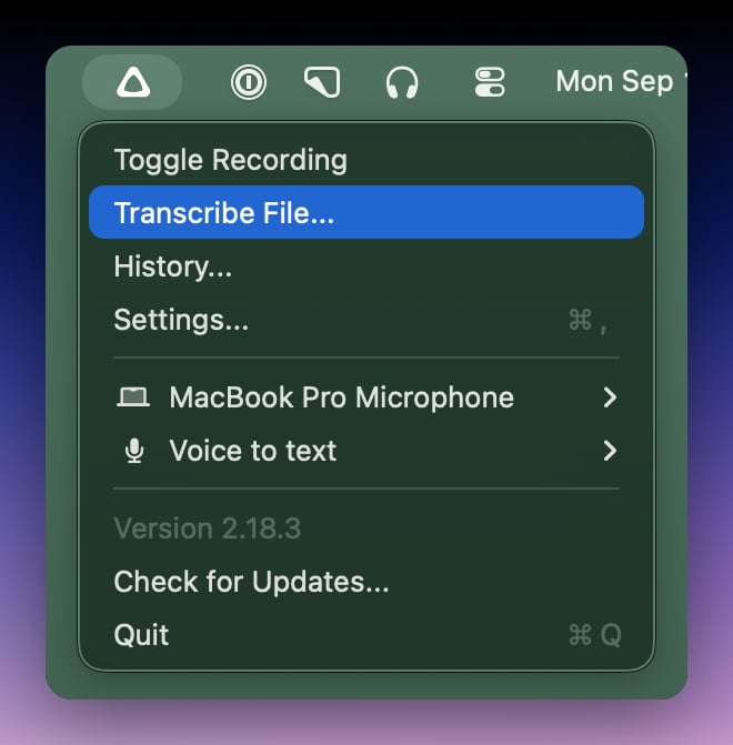 Transcribe with Superwhisper Menu Bar
