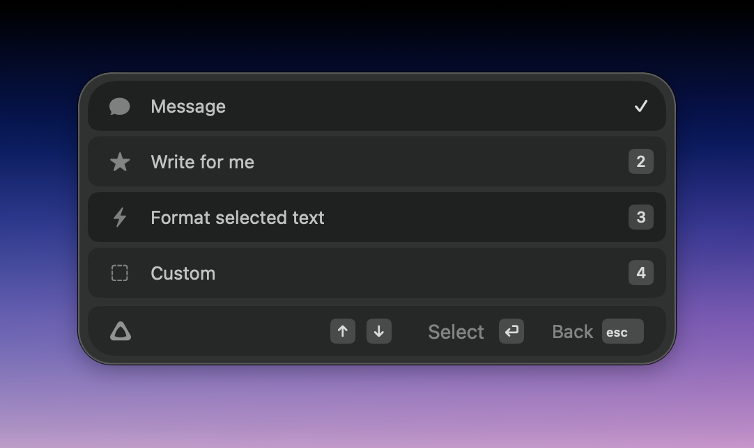 Recording window showing list of modes
