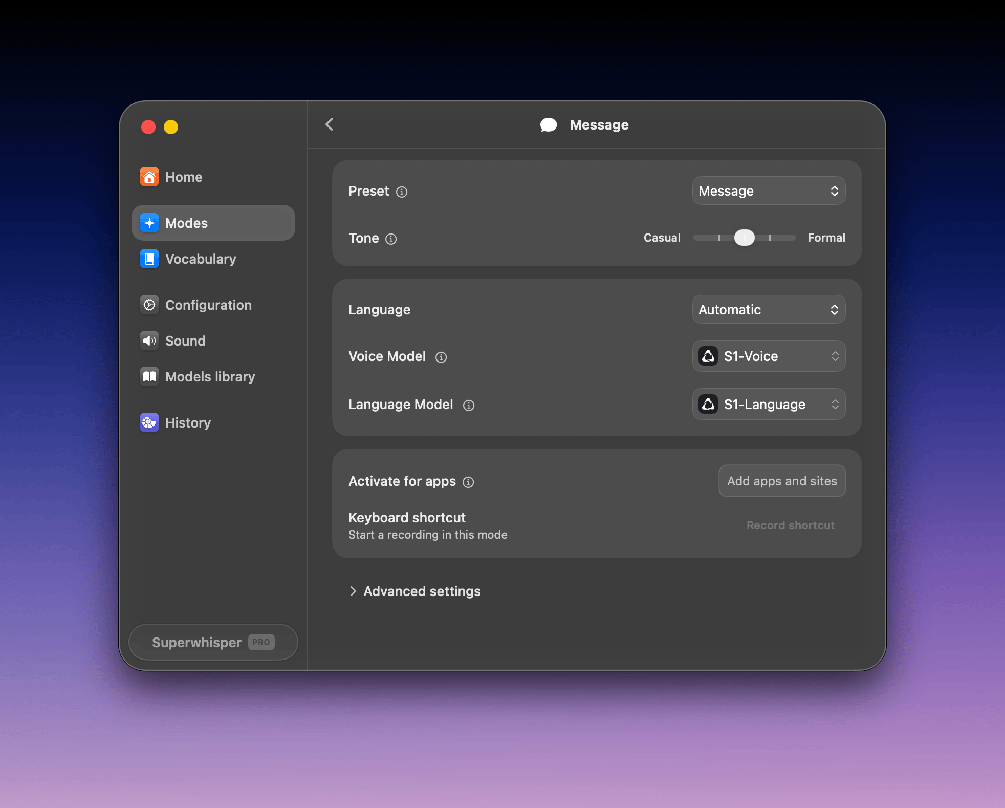 Superwhisper's Interface for Message Mode