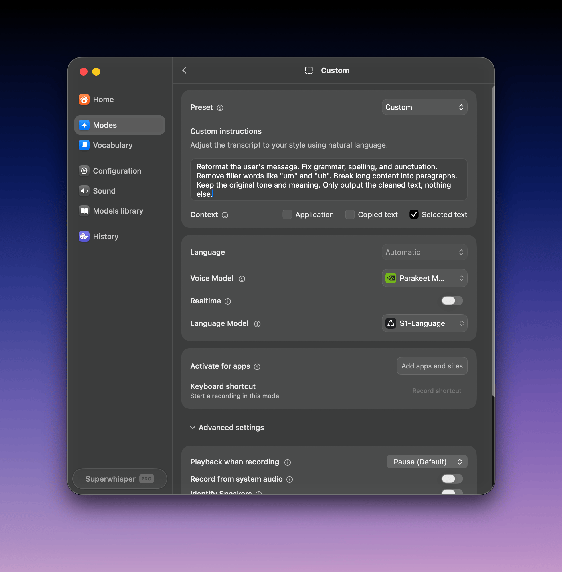 Superwhisper Custom Mode editor with the Selected text context enabled