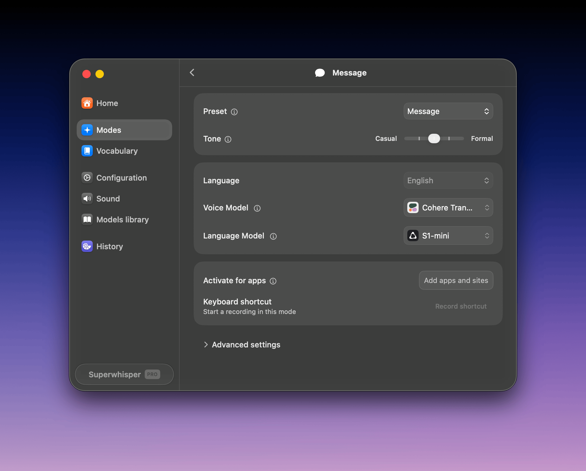 Superwhisper Message mode running fully on-device with Cohere Transcribe and S1-mini
