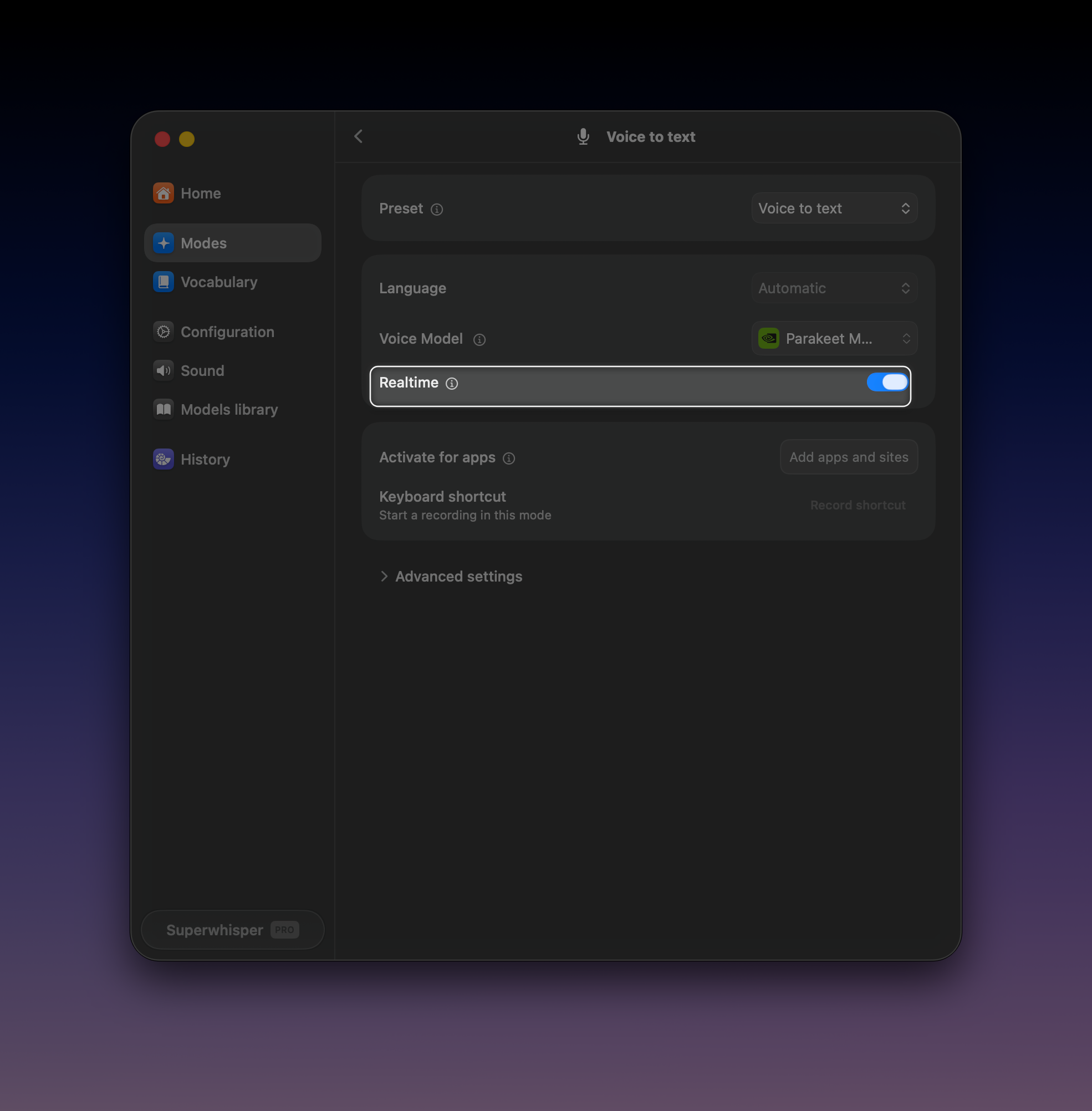 Superwhisper's interface for the Voice to Text mode