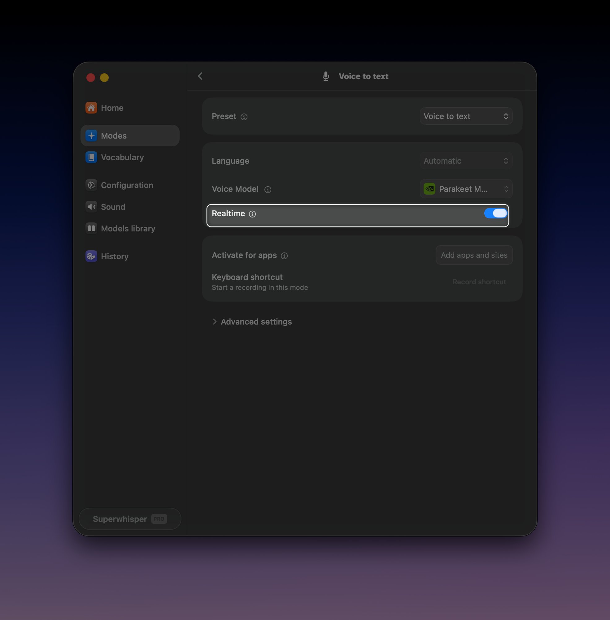 Superwhisper's interface for the Voice to Text mode