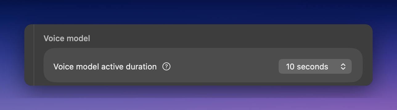 Superwhisper Voice model active duration setting