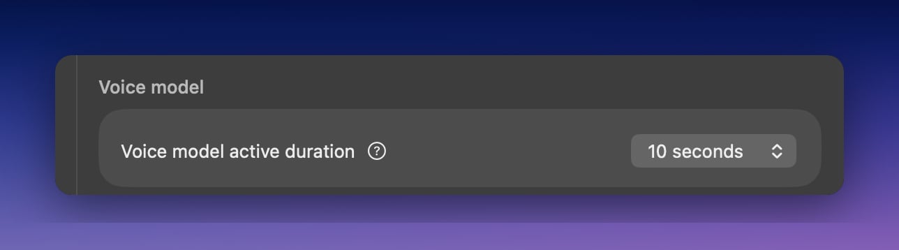 Superwhisper Voice model active duration setting