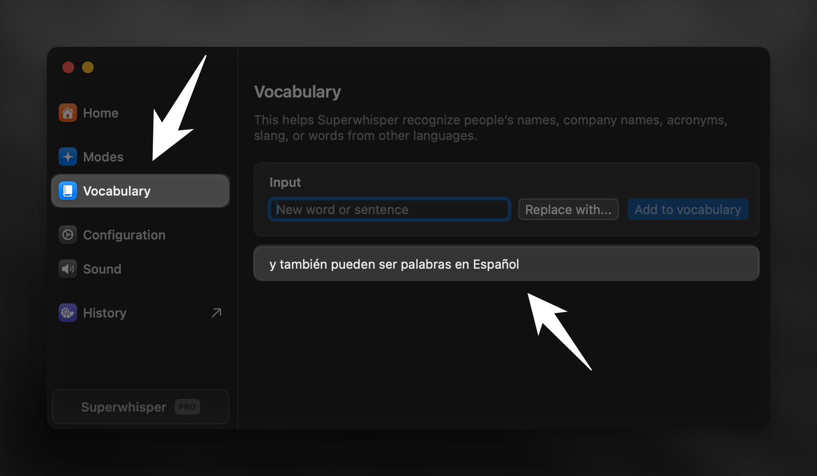 Superwhisper Vocabulary Hint for Language Detection