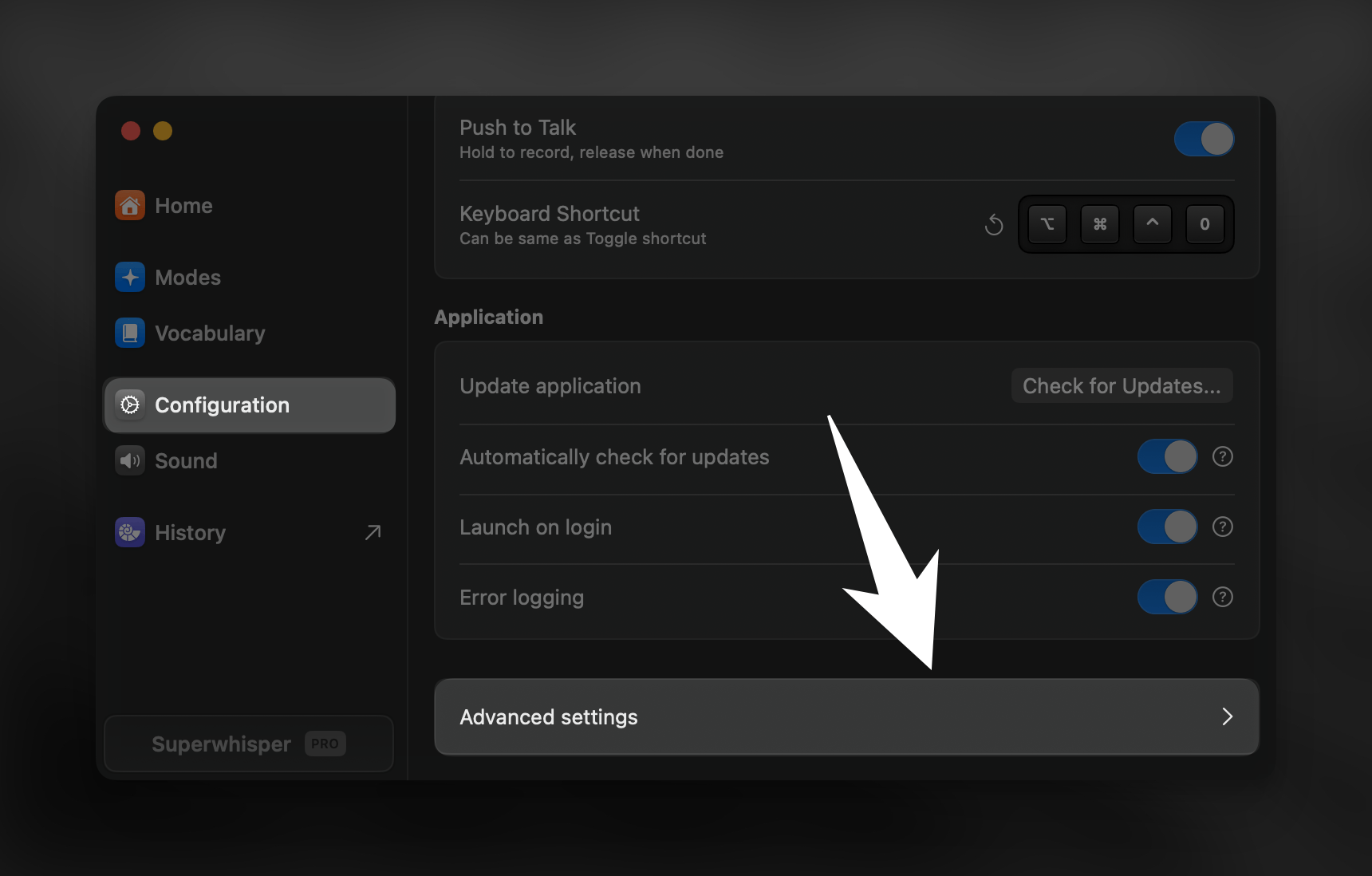 Configuration tab in Superwhisper