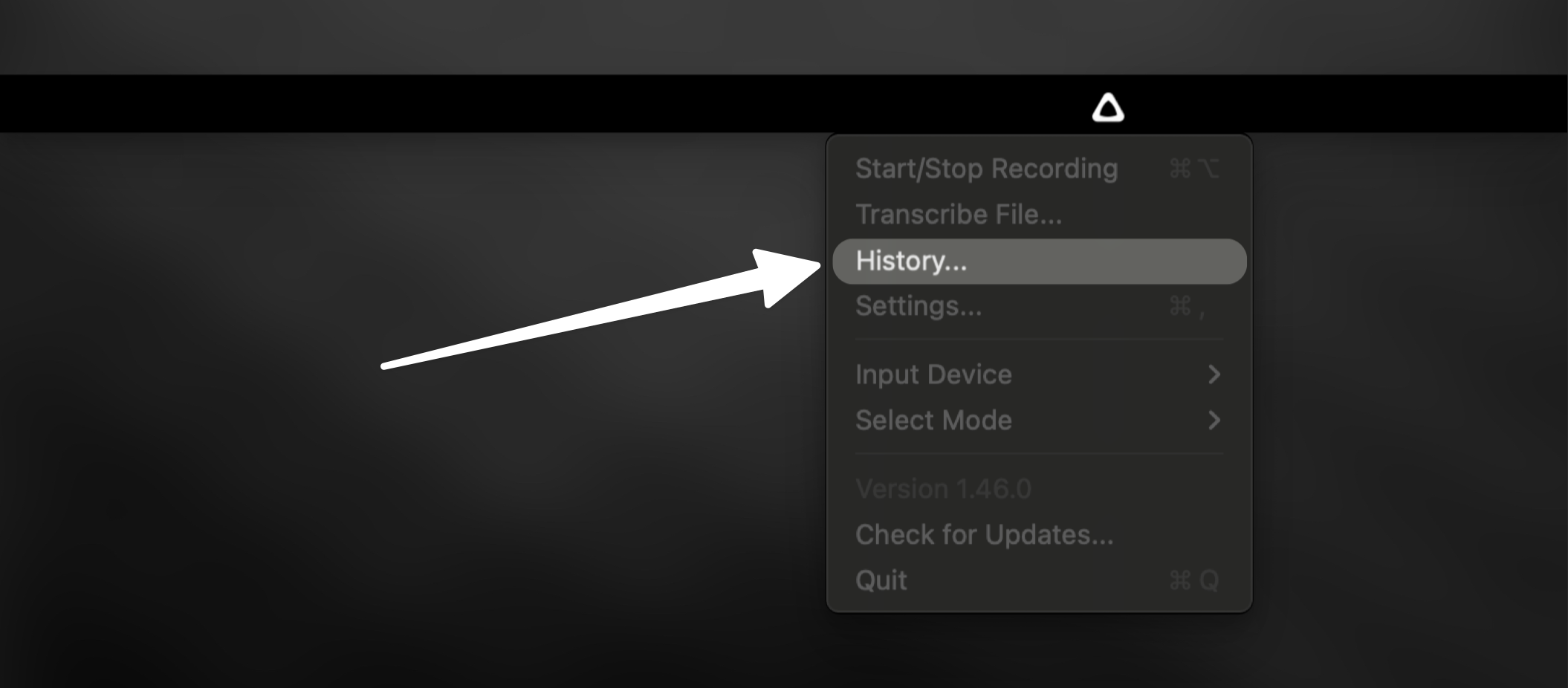 Accessing Superwhisper History from menu bar