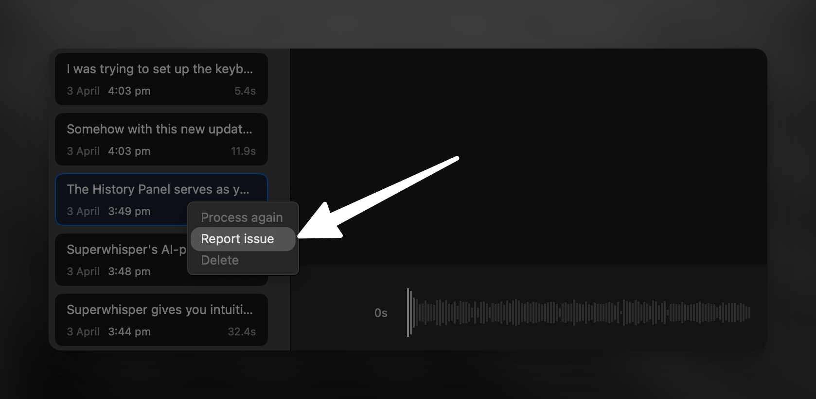Report Errors in Superwhisper History