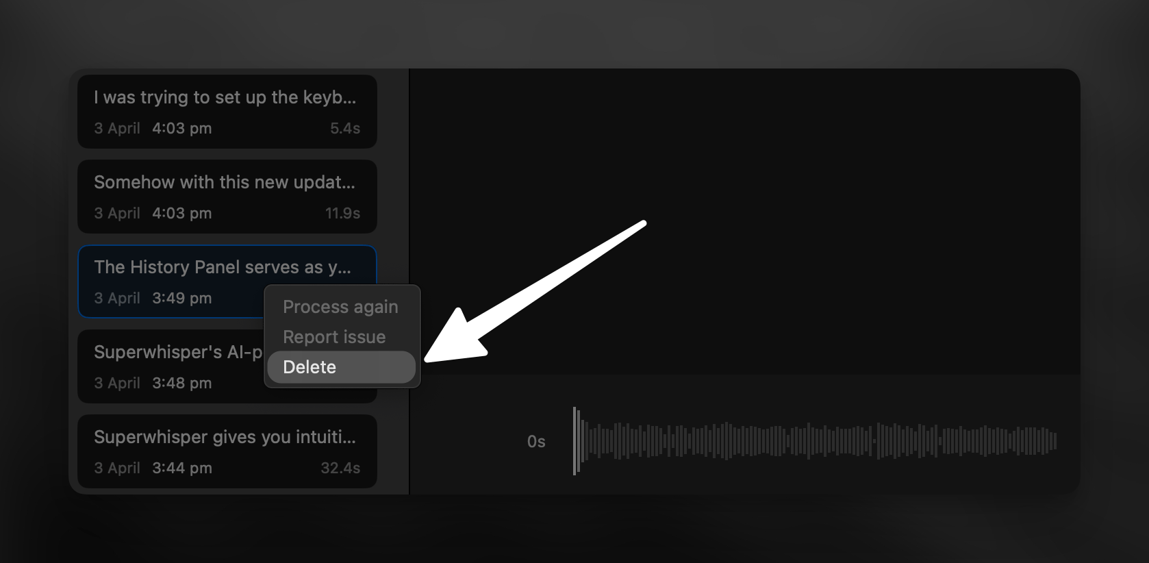 Managing Recordings in Superwhisper History