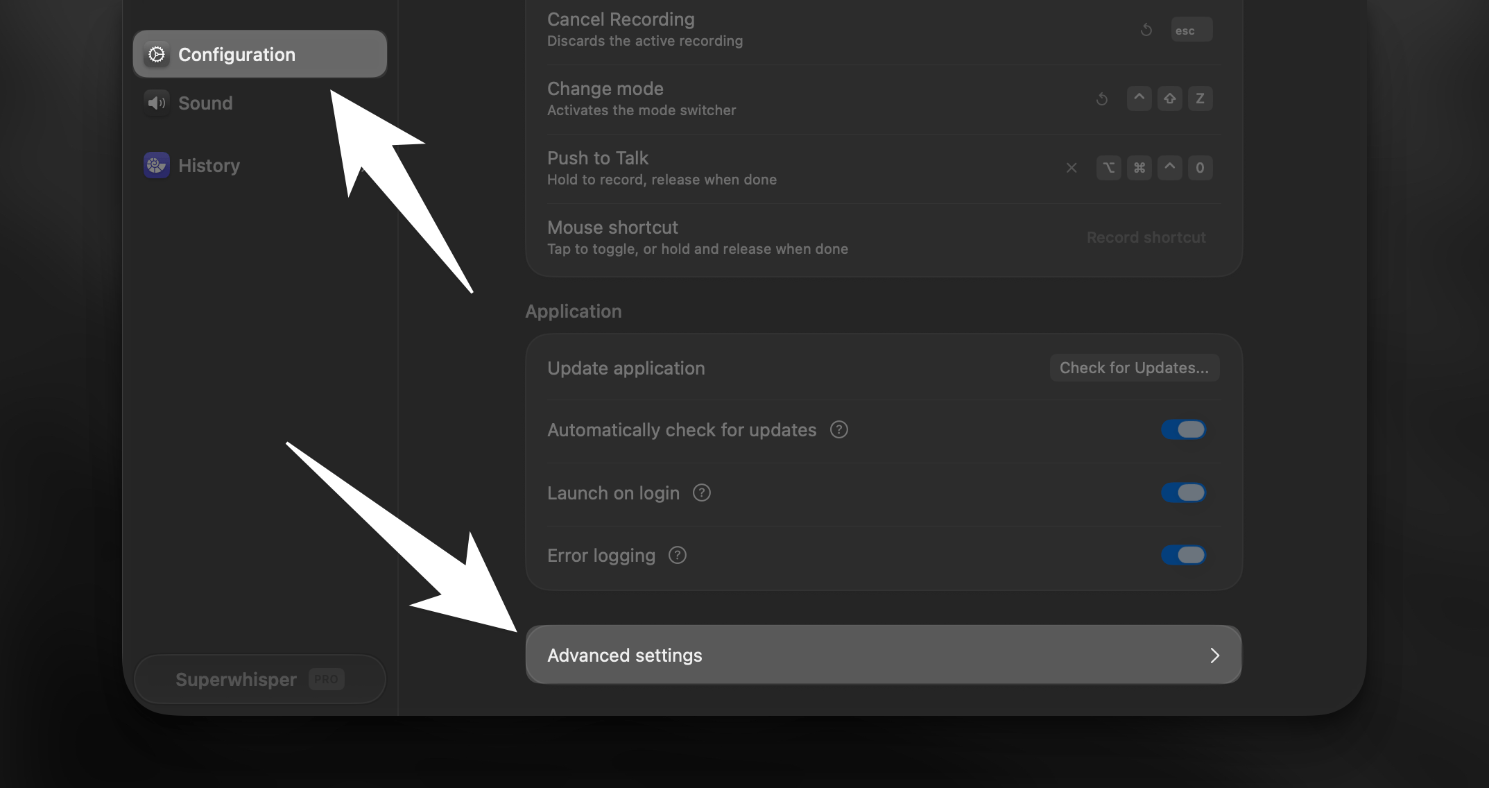 Superwhisper Advanced Settings