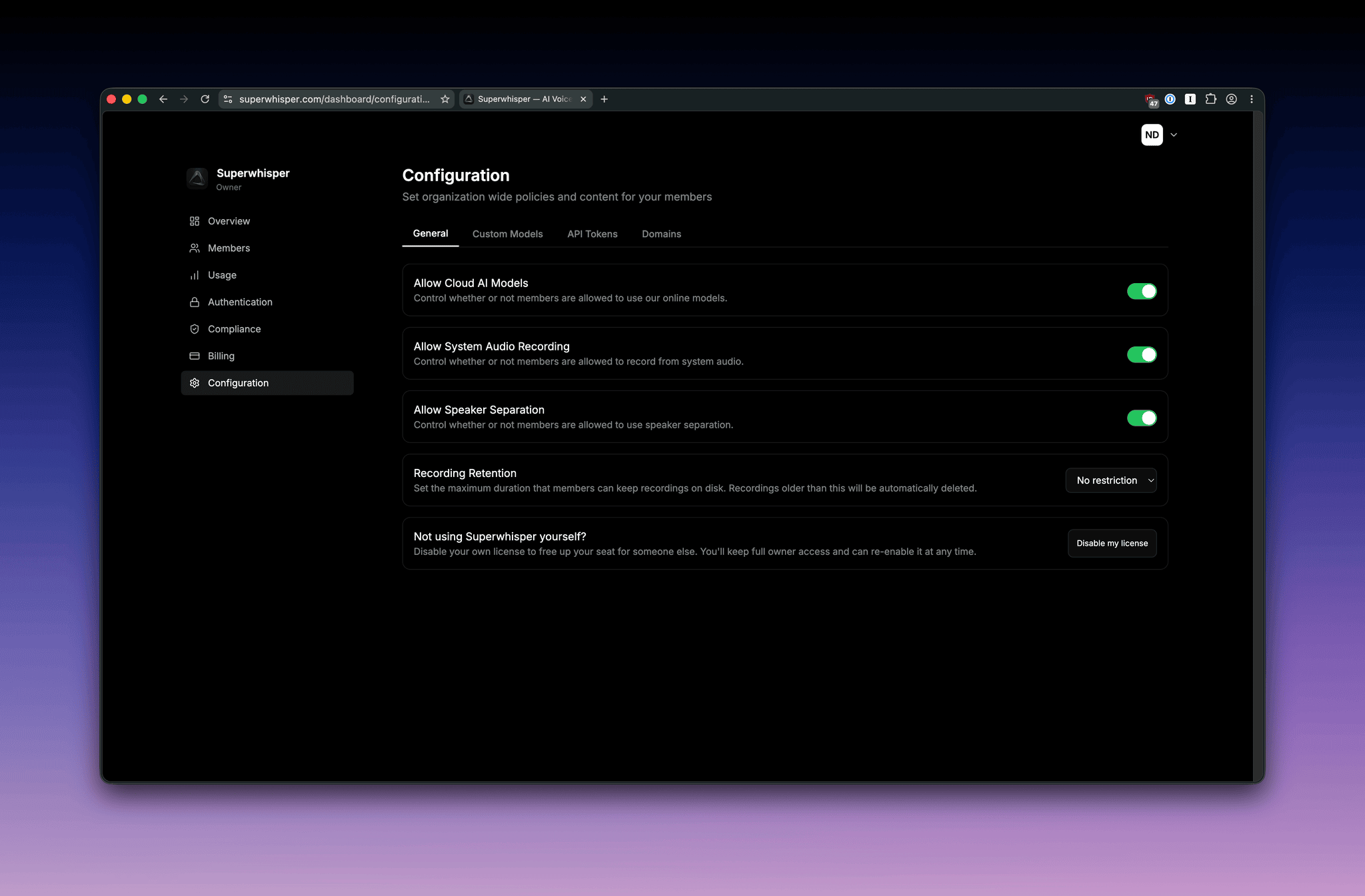 Superwhisper Enterprise Configuration tab showing org-wide policy toggles