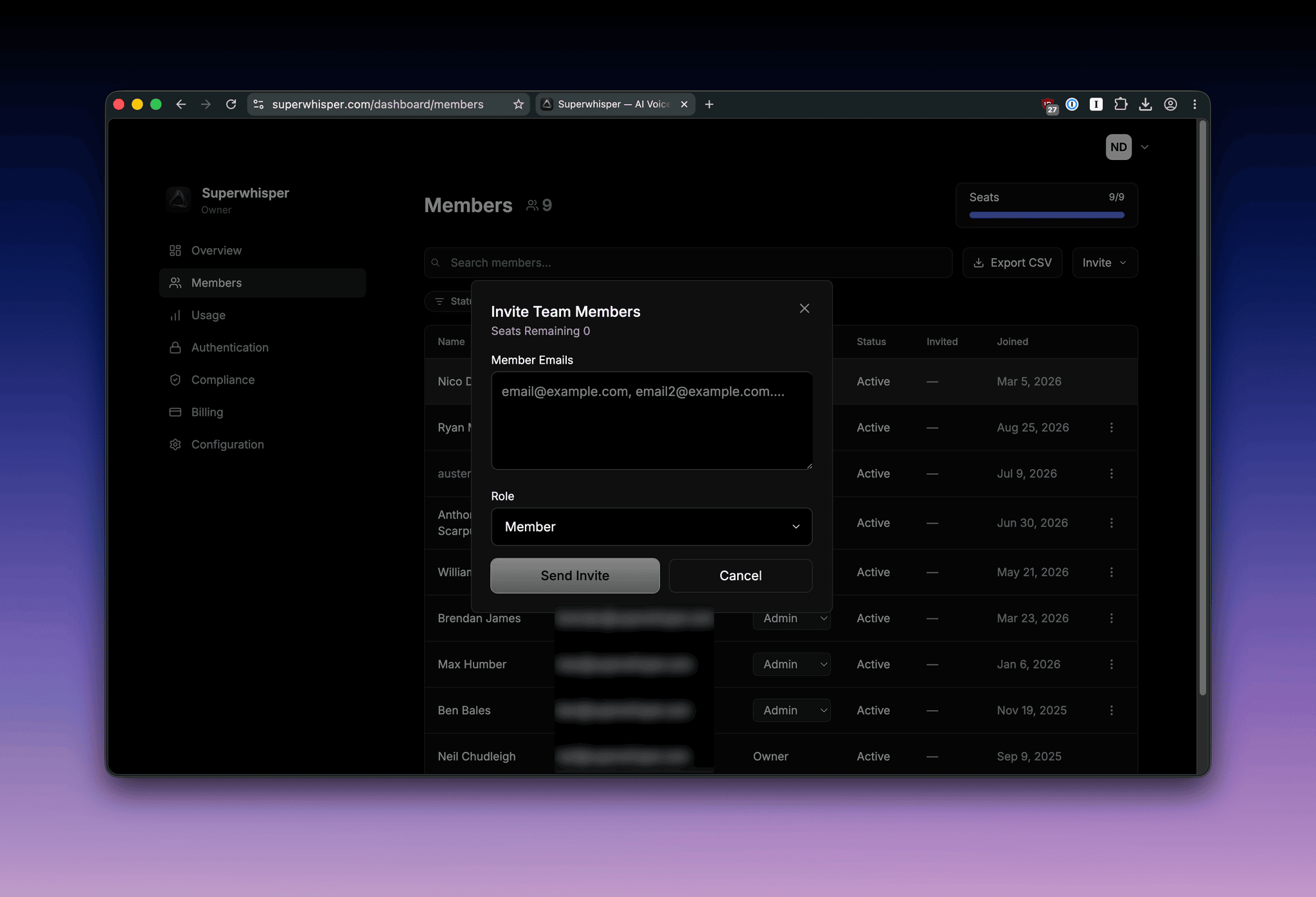 Superwhisper Enterprise dashboard invite dialog with join link and email invite options