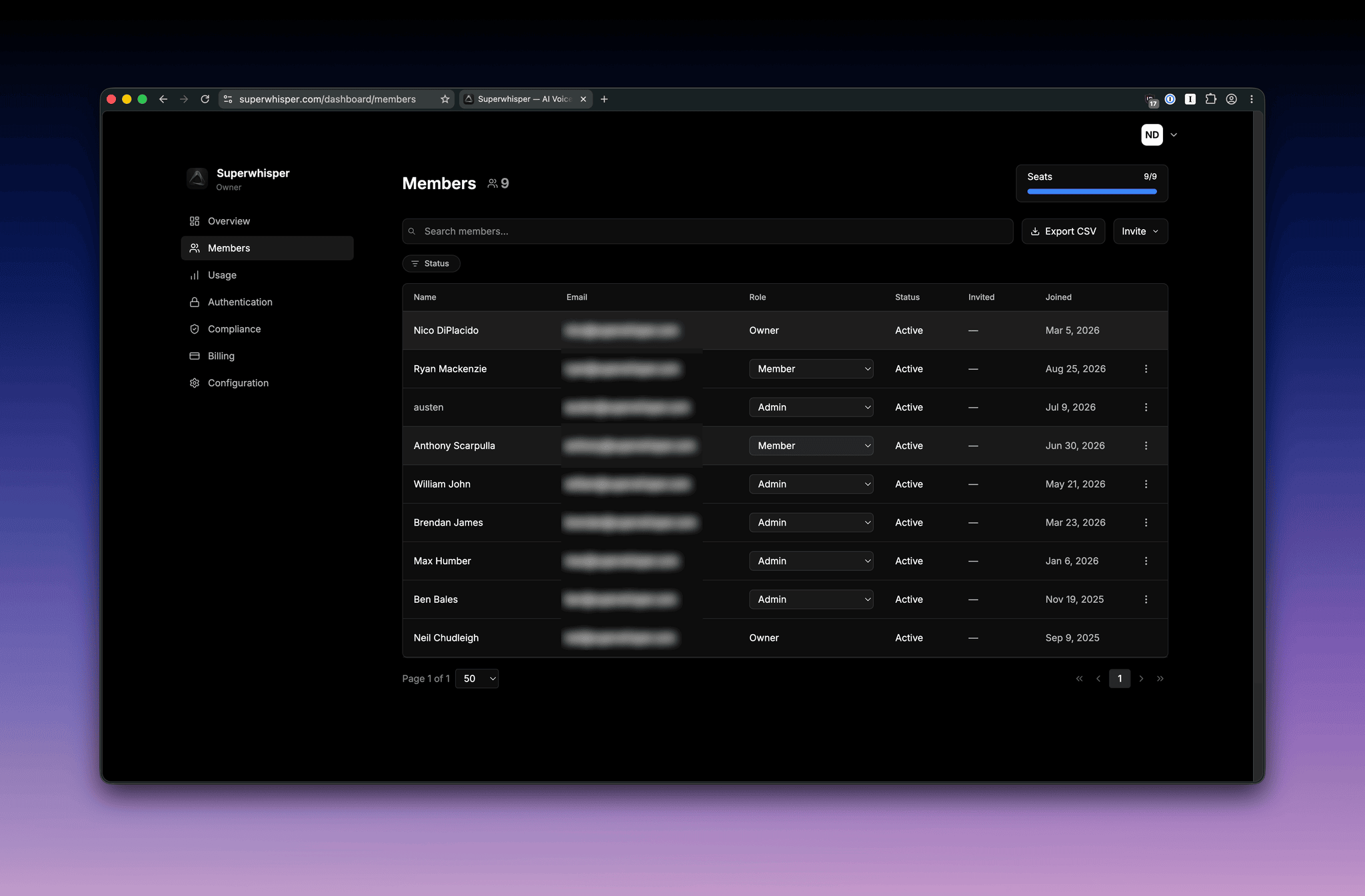 Superwhisper Enterprise Members tab listing members with roles and status