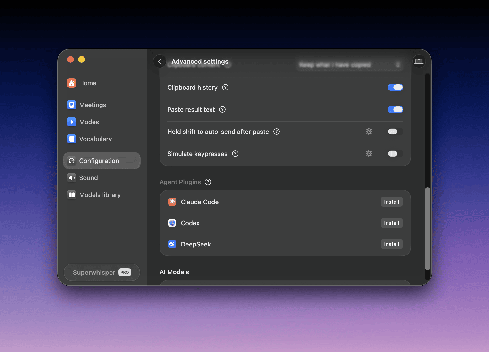 Superwhisper Advanced settings showing the Agent Plugins section with install buttons per agent
