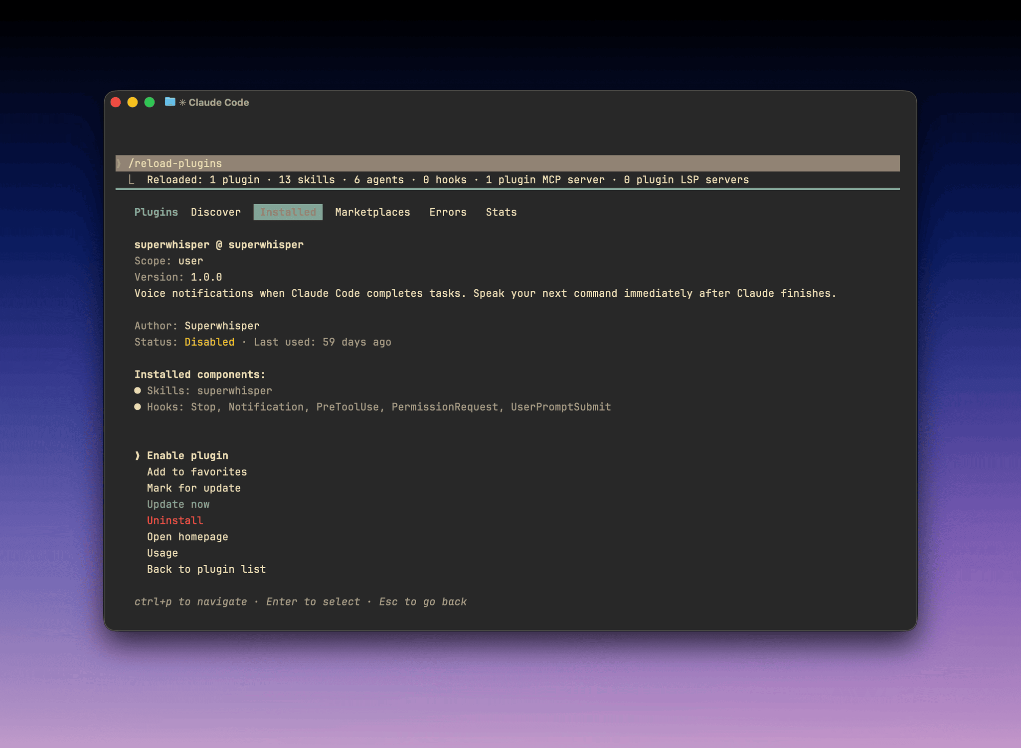 Claude Code plugin manager showing the superwhisper plugin with enable, update, and uninstall options