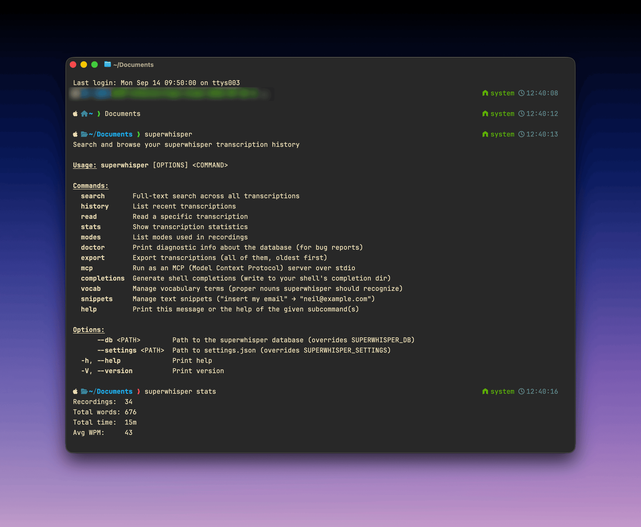 The superwhisper CLI showing its command list and the output of superwhisper stats