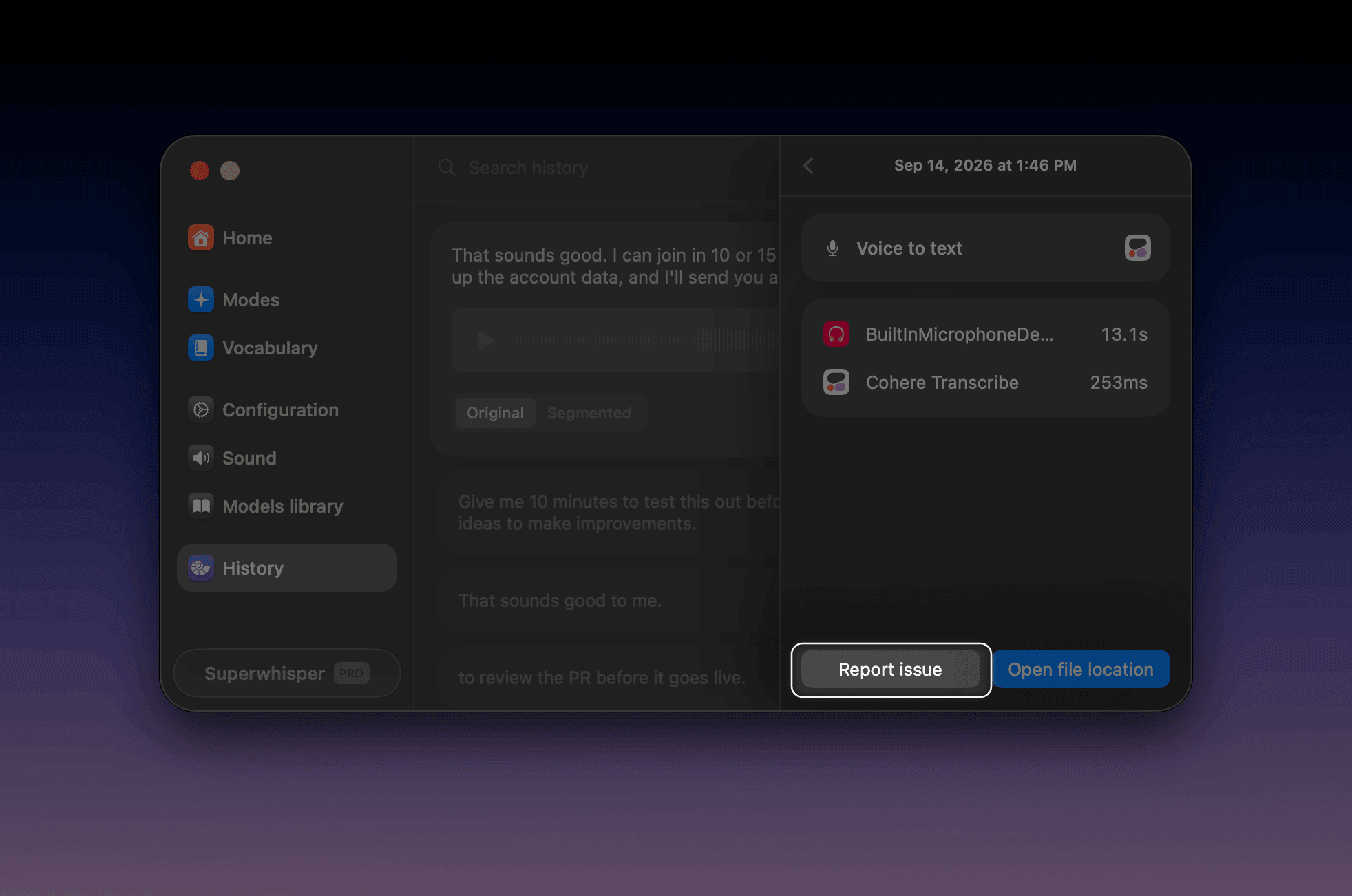 Superwhisper history tab interface accessing prompt