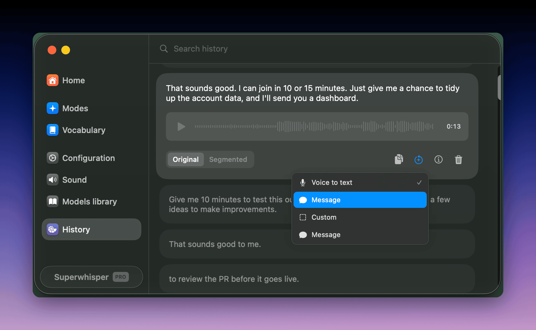Reprocessing a dictation in Superwhisper History with the mode picker open