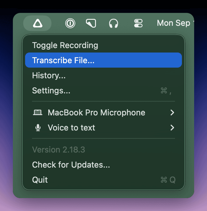 Transcribe with Superwhisper Menu Bar