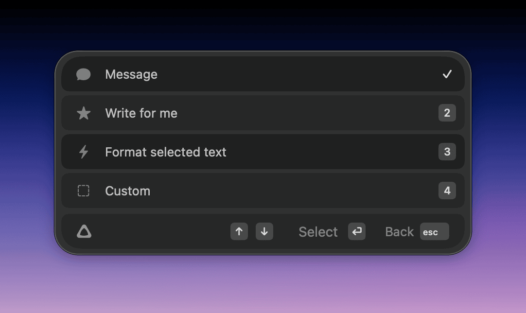 Recording window showing list of modes