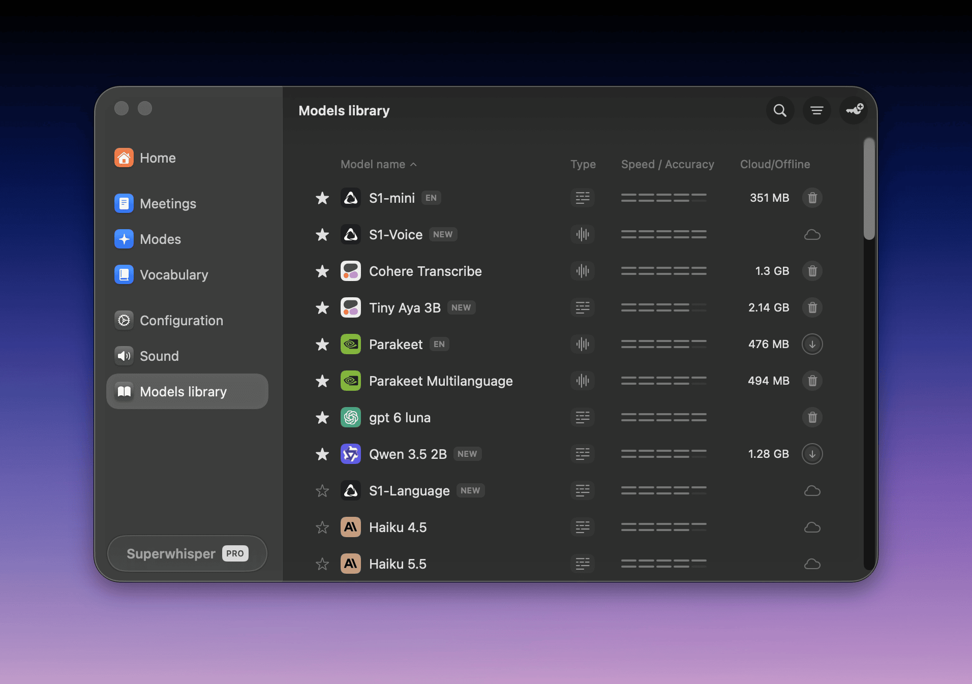 Superwhisper Models library listing voice and language models with download options