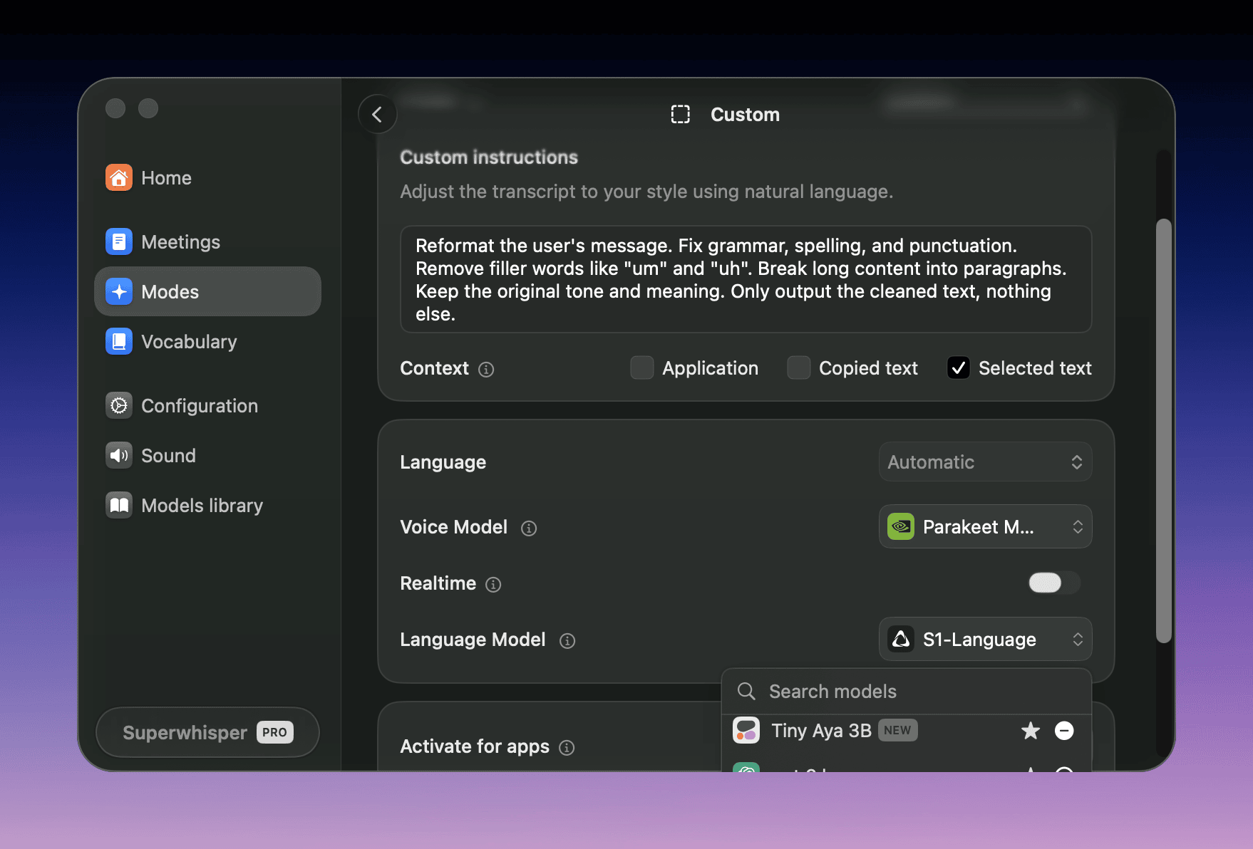 Superwhisper mode editor with the Language Model dropdown open