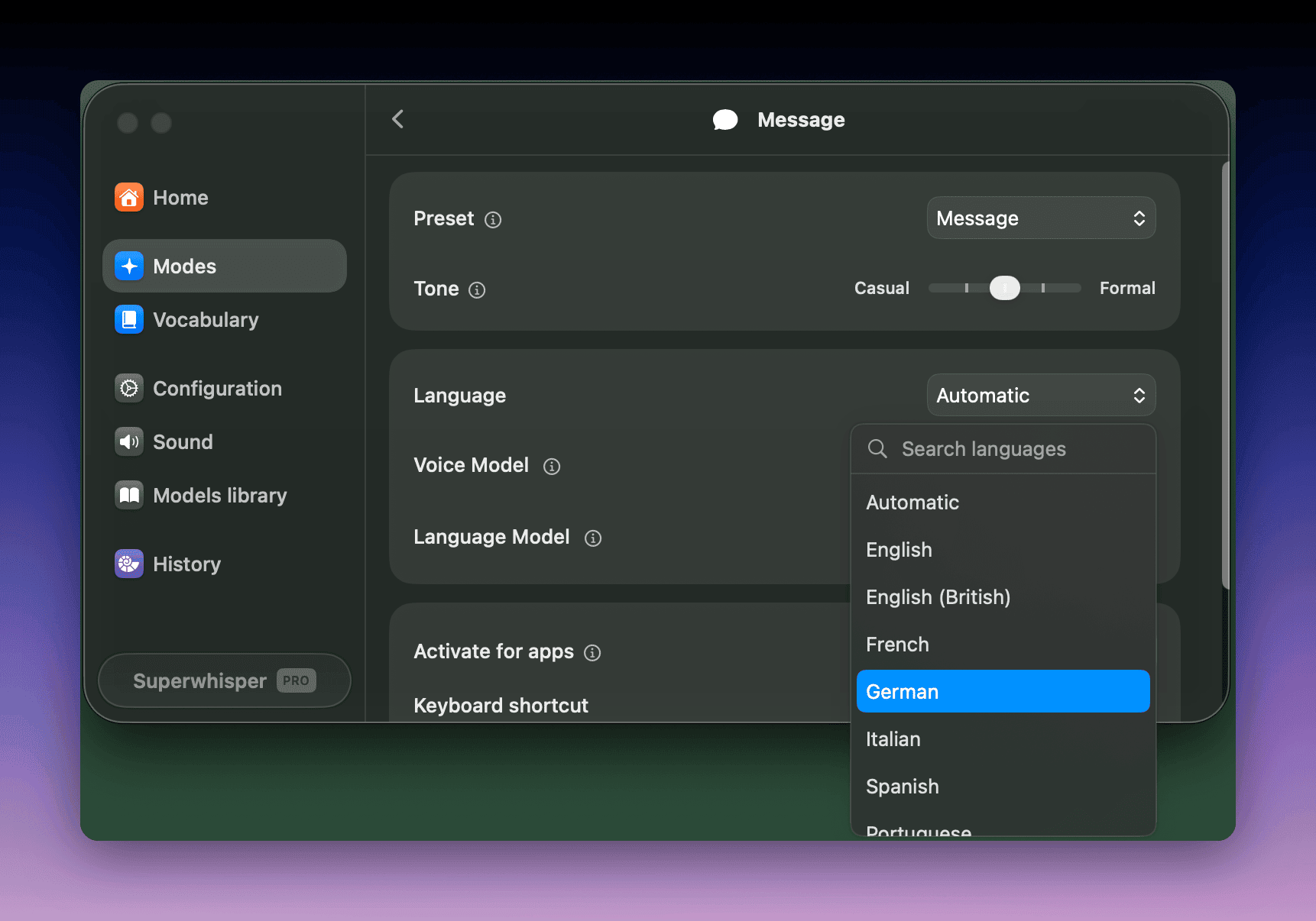 Superwhisper mode editor with the language dropdown open