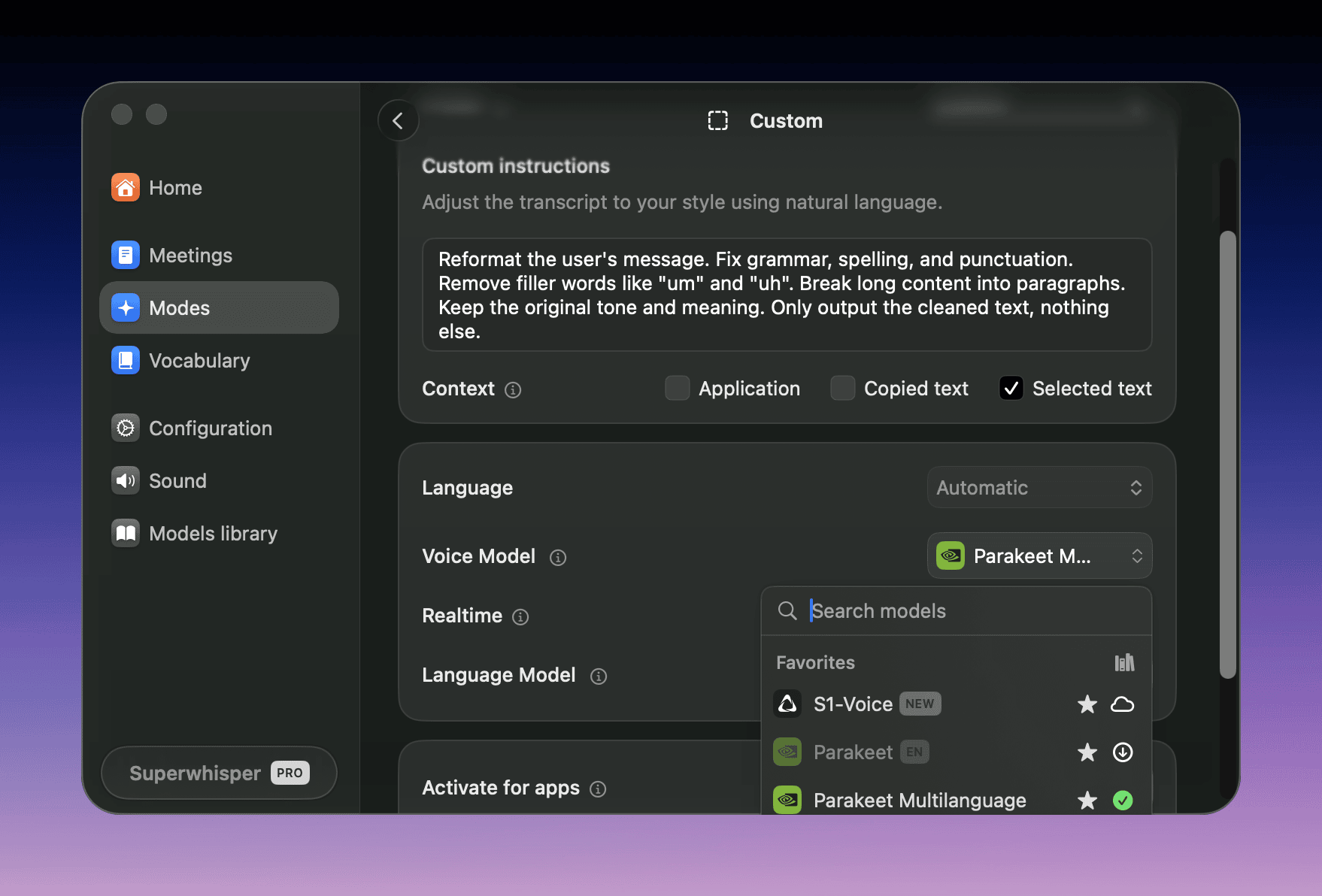 Superwhisper mode editor with the Voice Model dropdown open