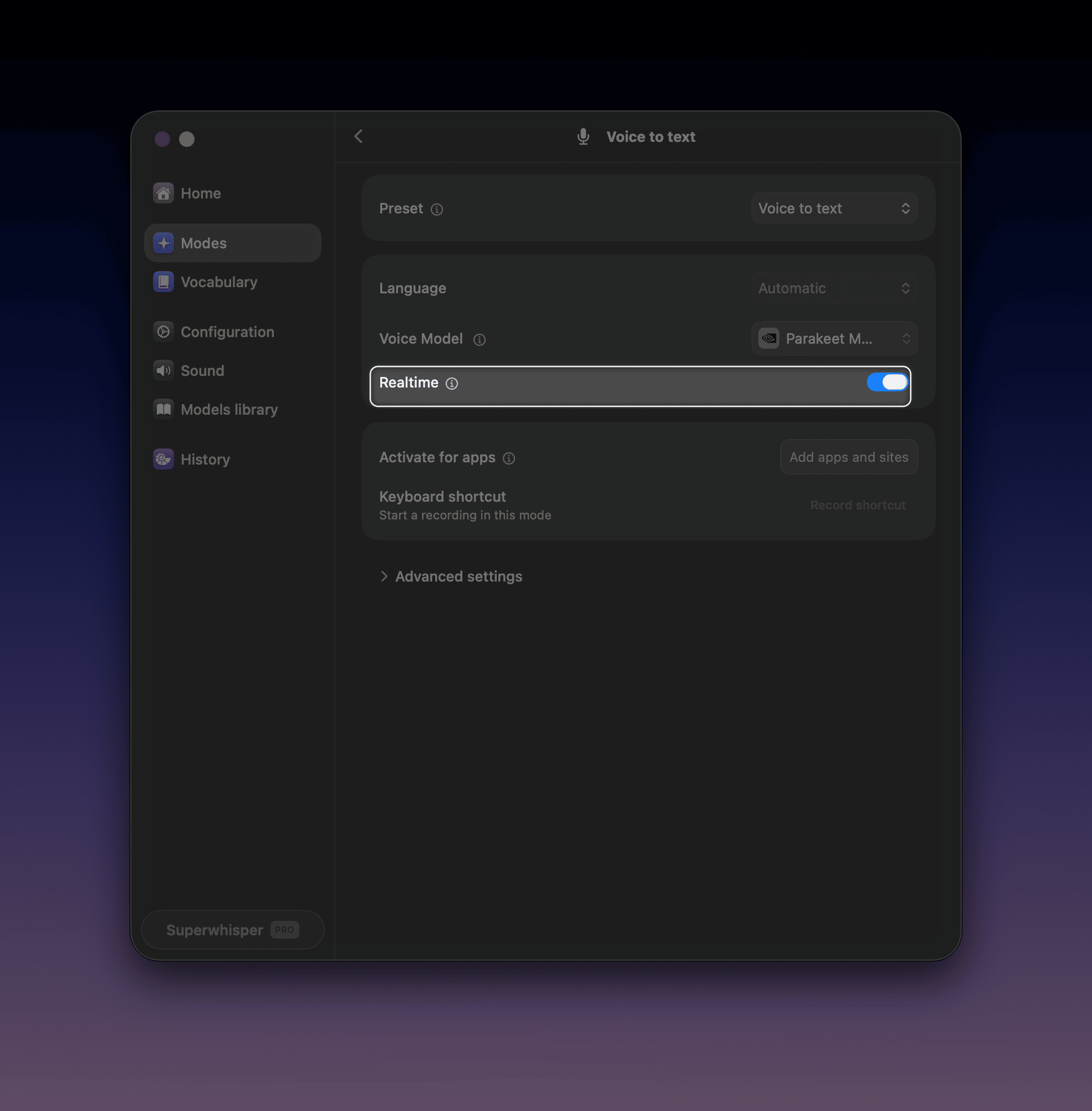 Superwhisper's interface for the Voice to Text mode