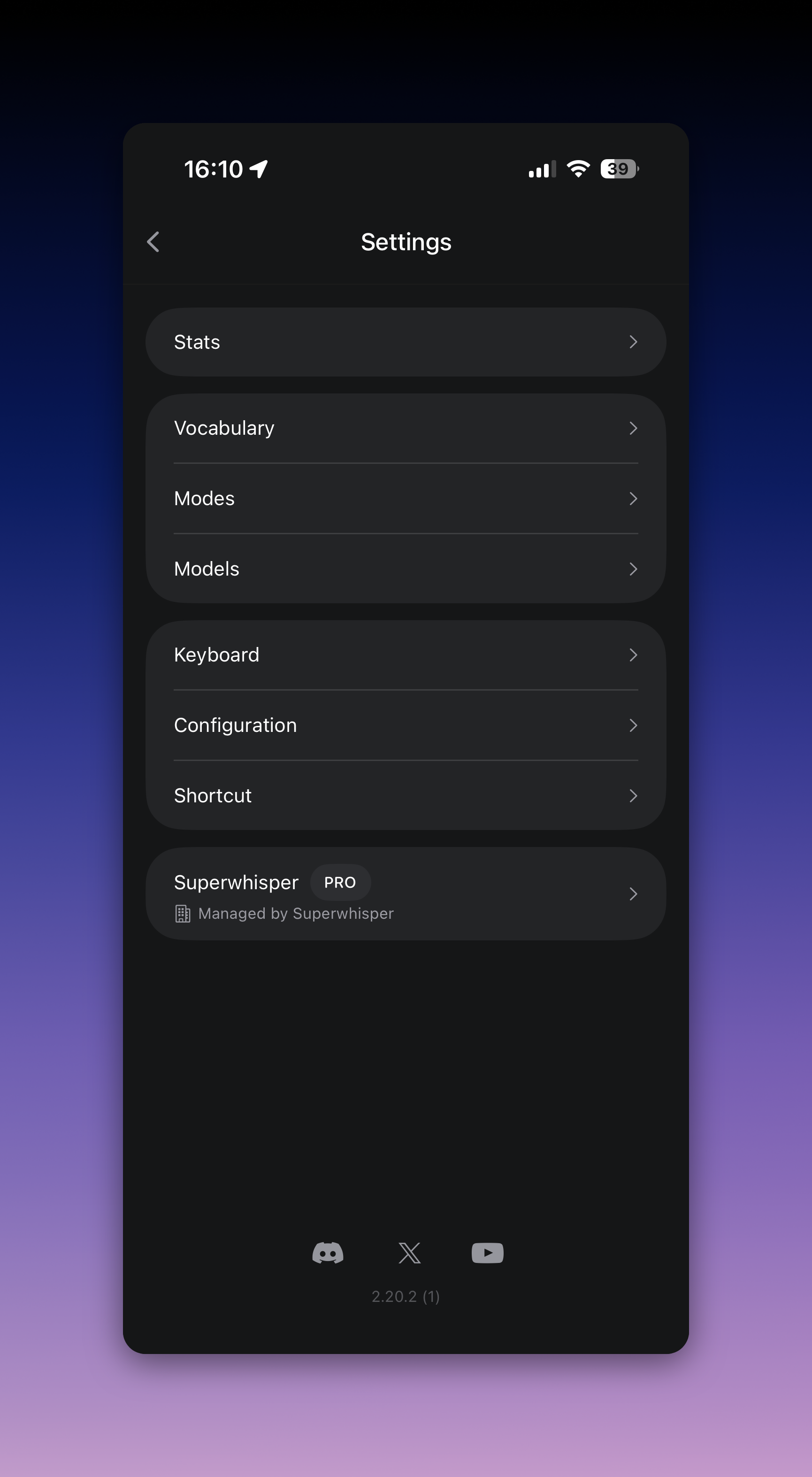 Superwhisper iOS app settings screen
