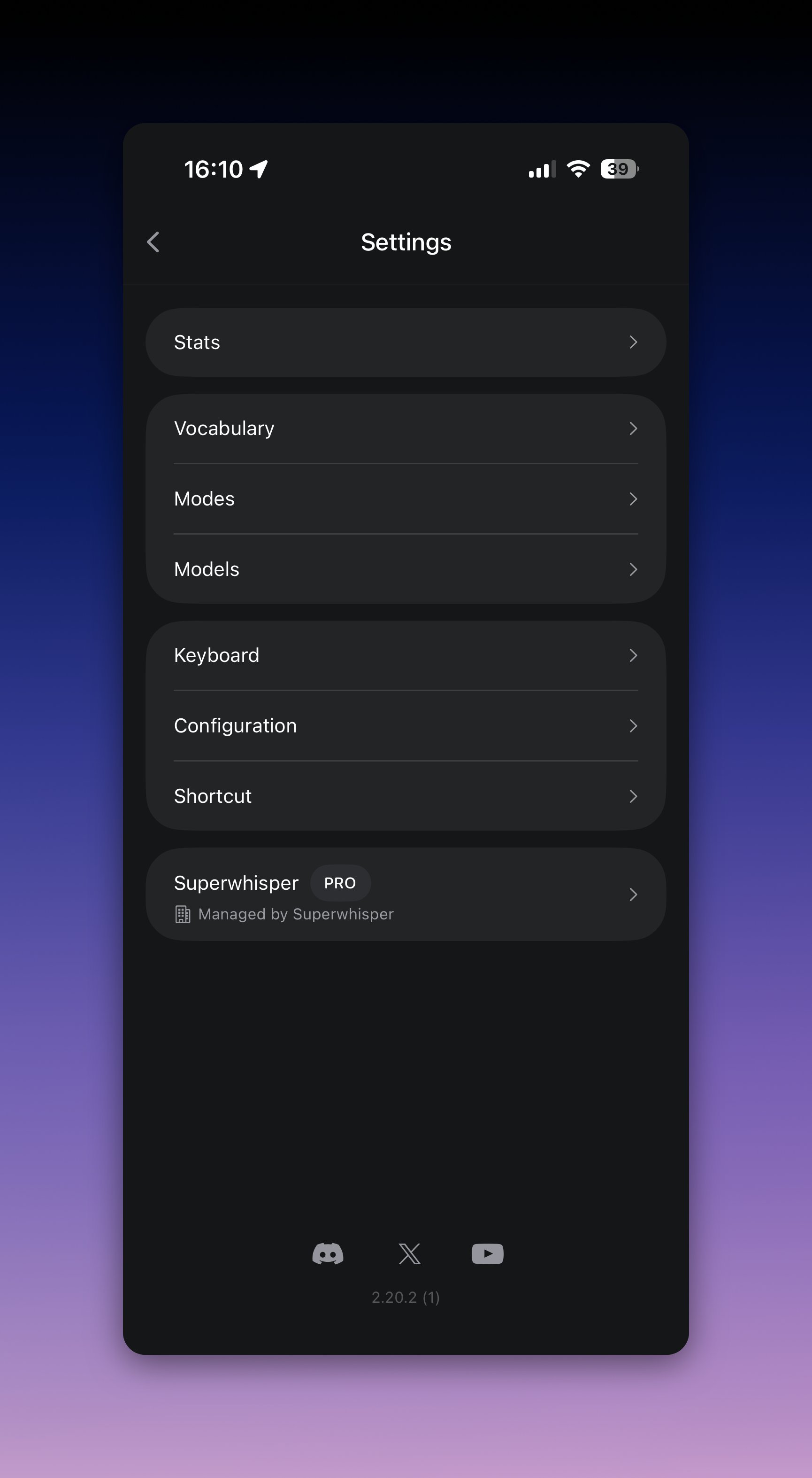Superwhisper iOS app settings screen