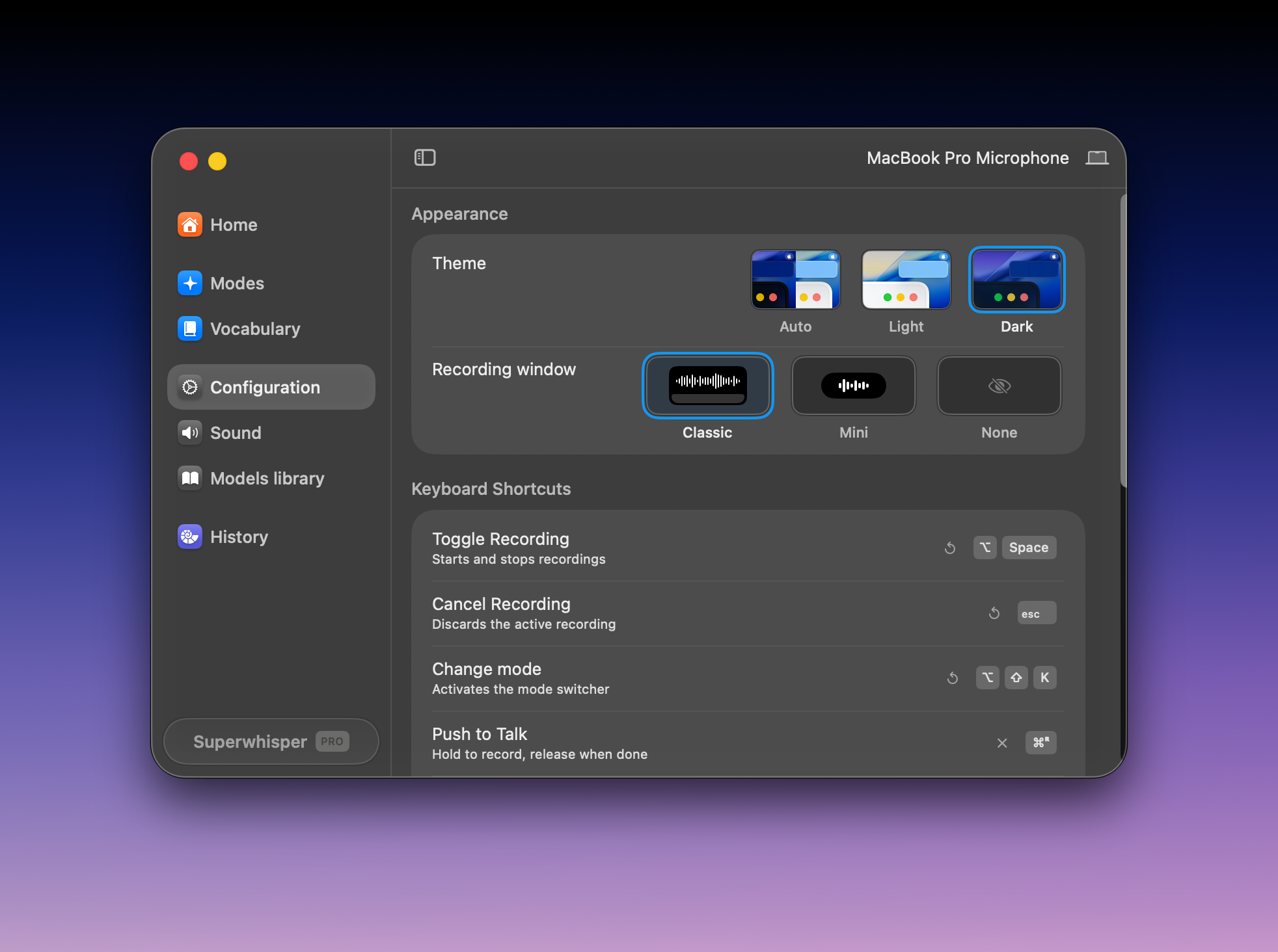 Superwhisper Configuration pane showing keyboard shortcut settings
