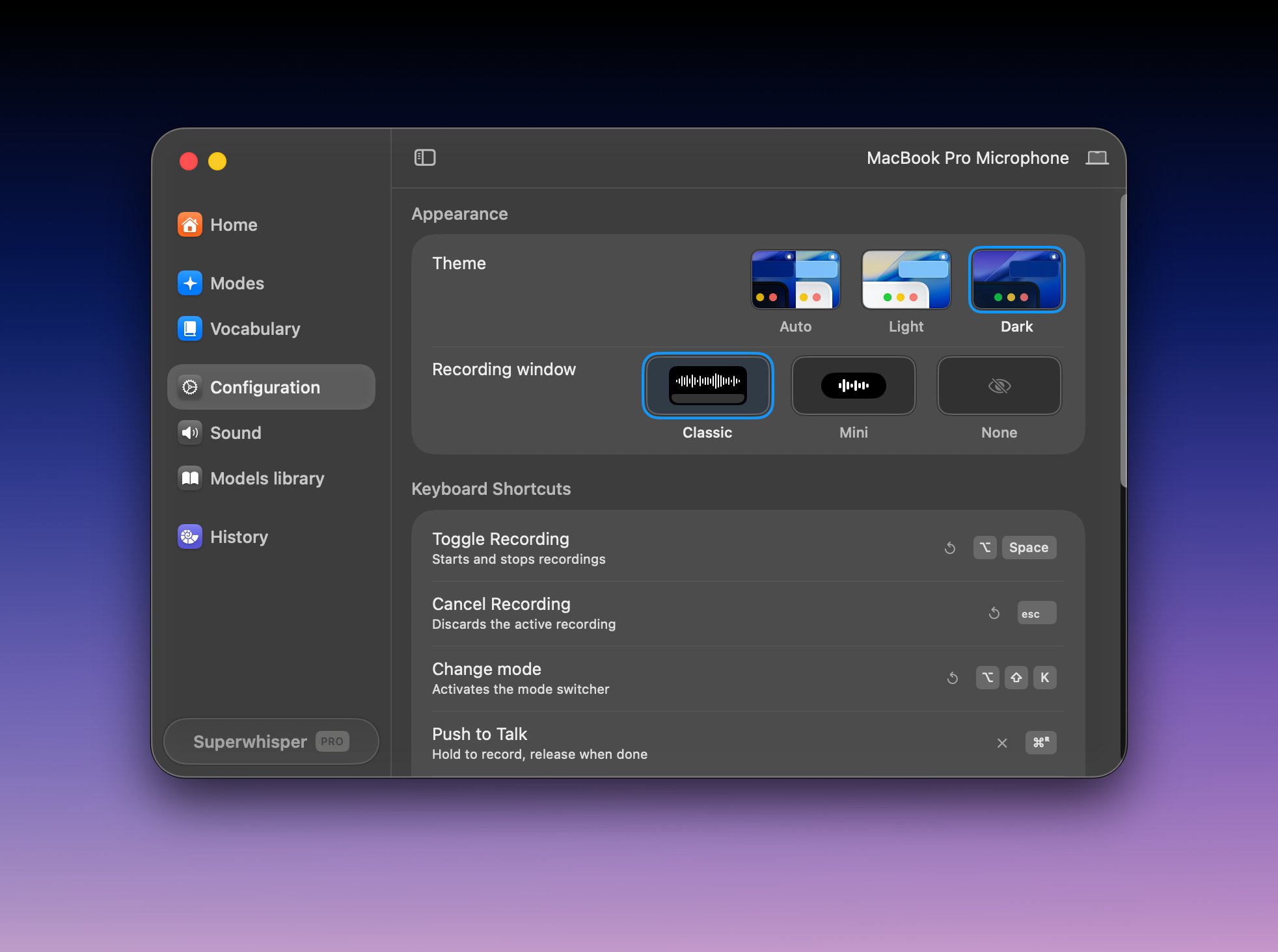 Superwhisper Configuration pane showing keyboard shortcut settings