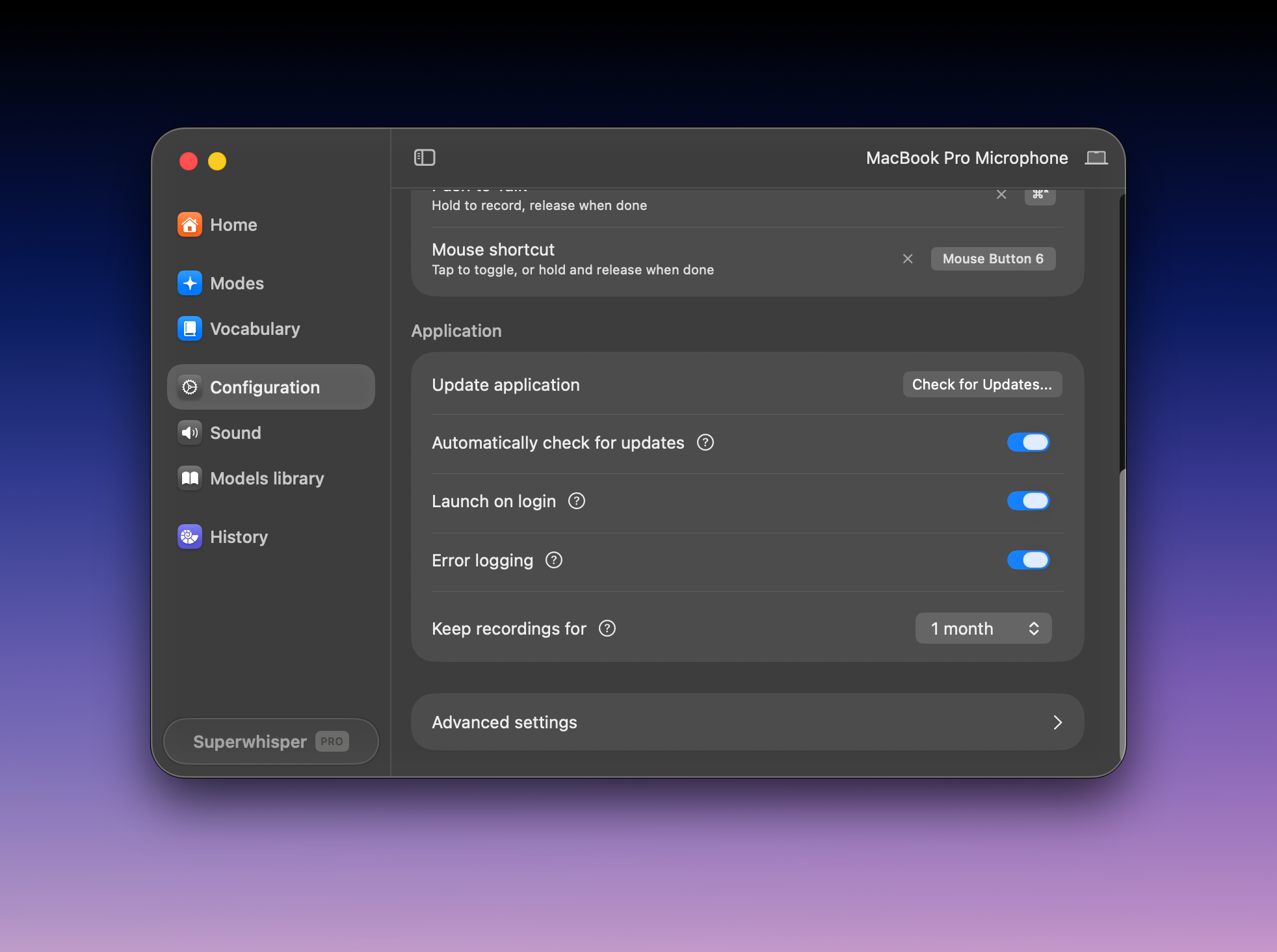 Superwhisper Application settings showing updates, launch on login, and error logging