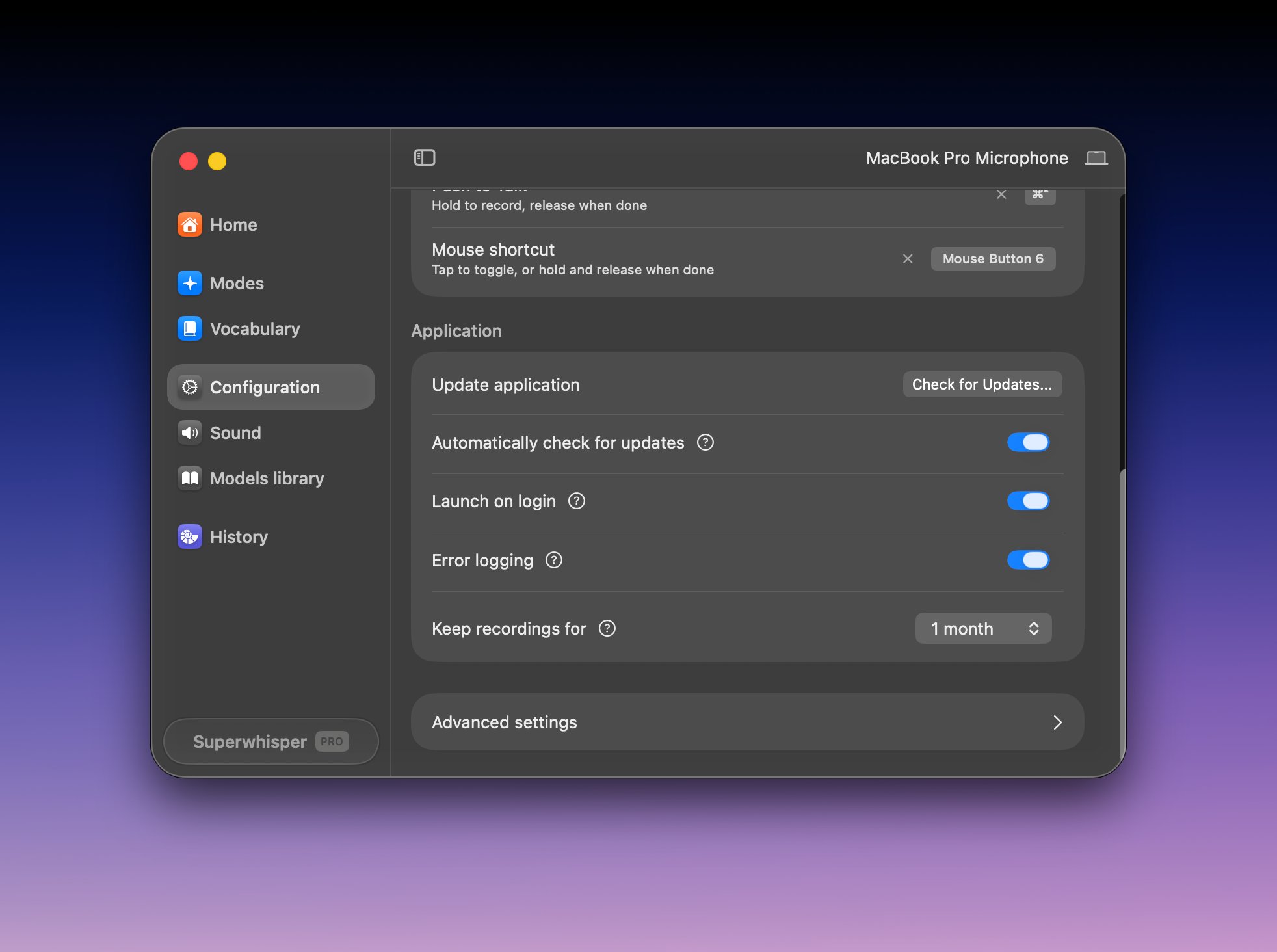 Superwhisper Application settings showing updates, launch on login, and error logging