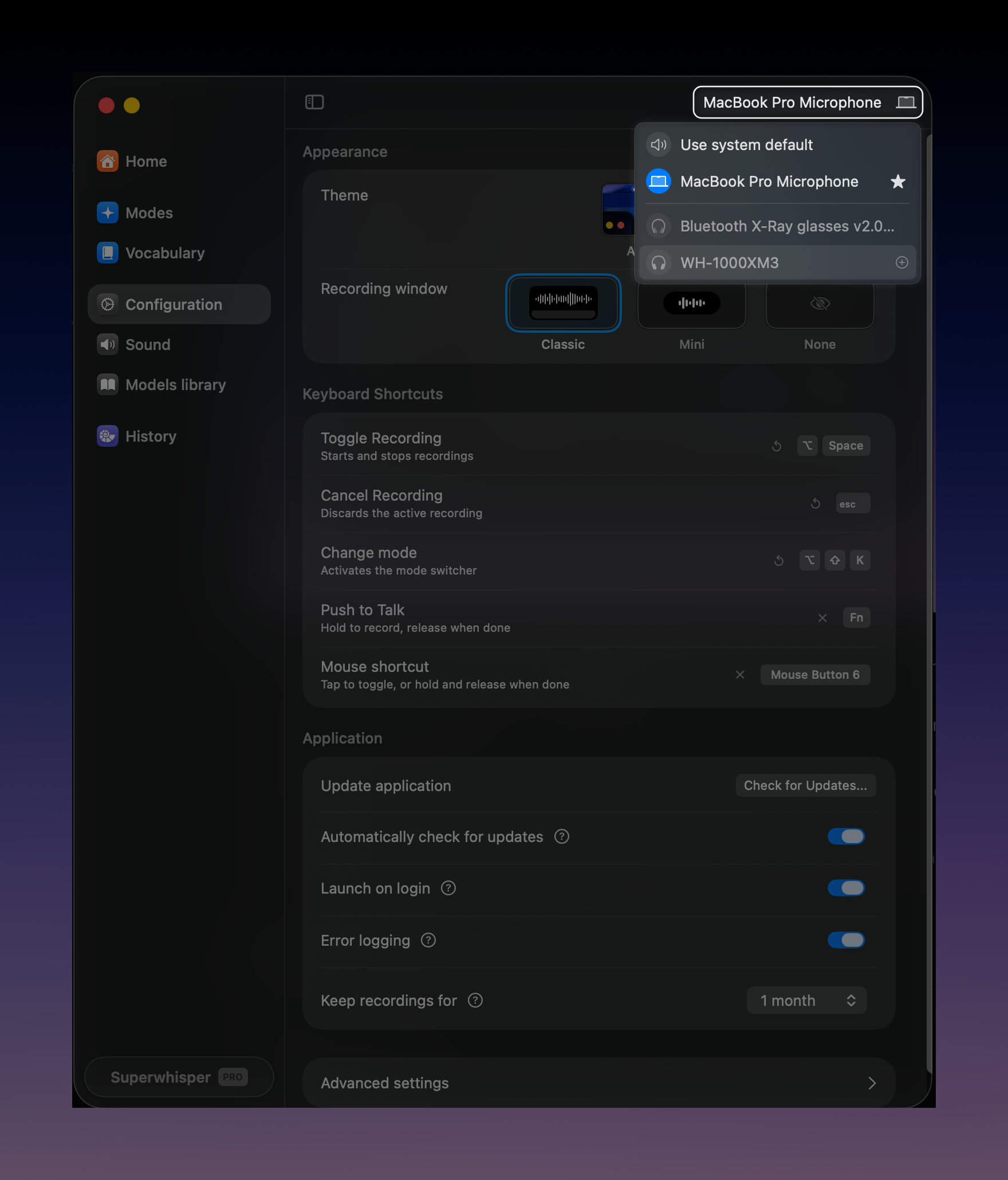 Superwhisper input device selector open from the top-right of the settings window