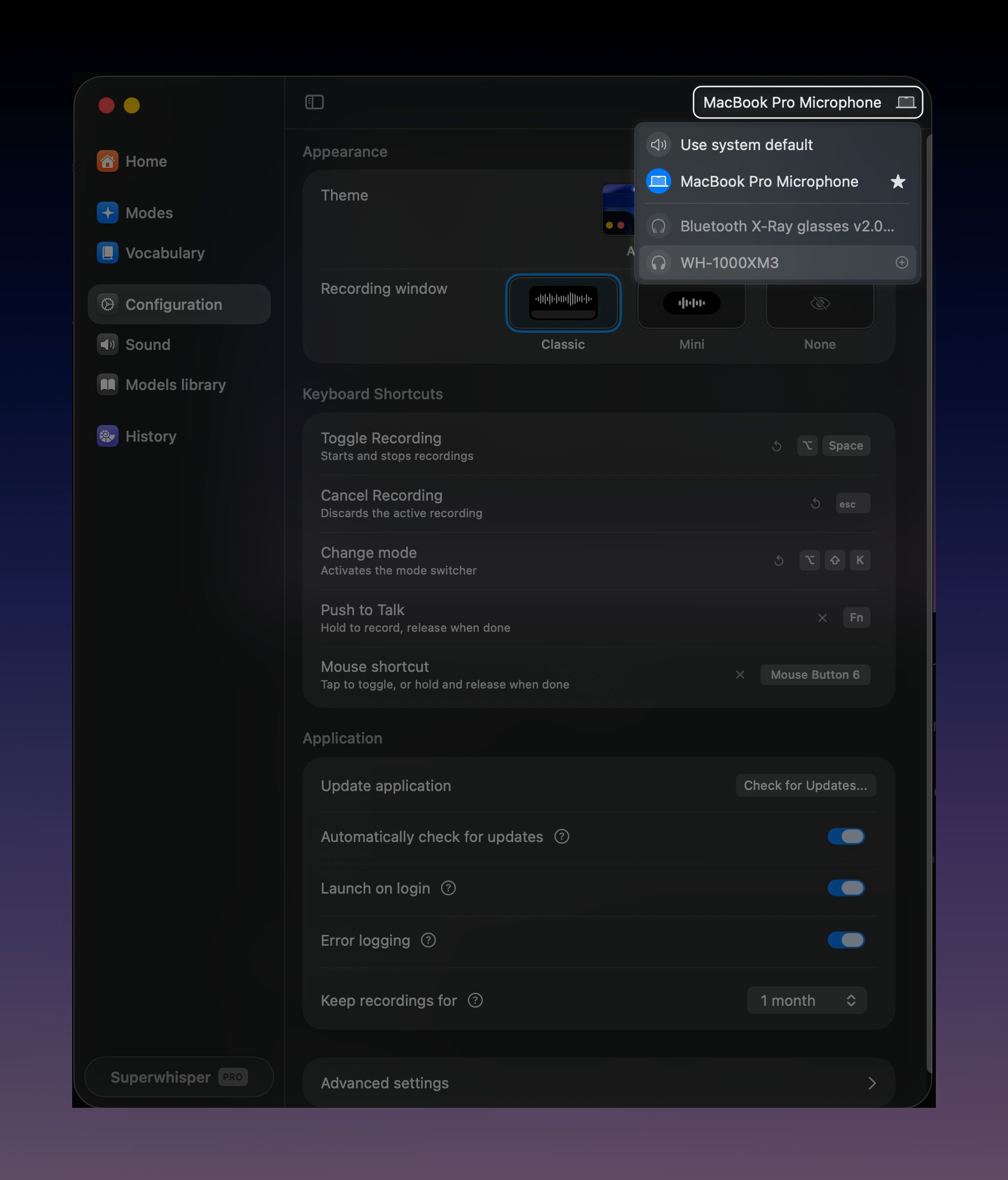 Superwhisper input device selector open from the top-right of the settings window