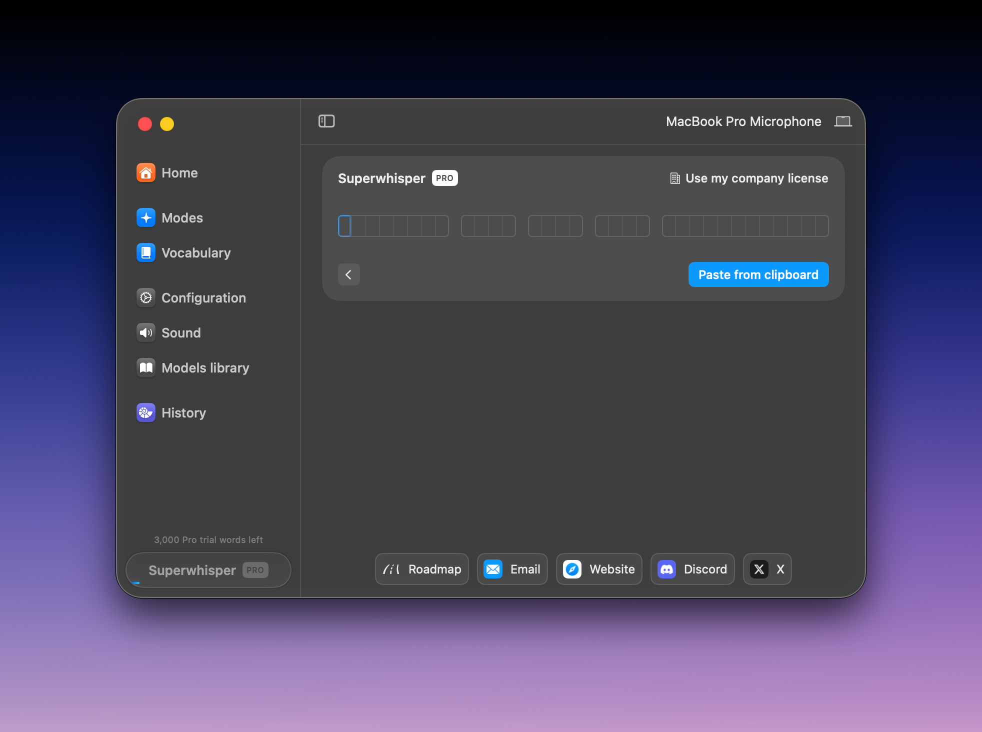 Superwhisper license key entry screen on macOS